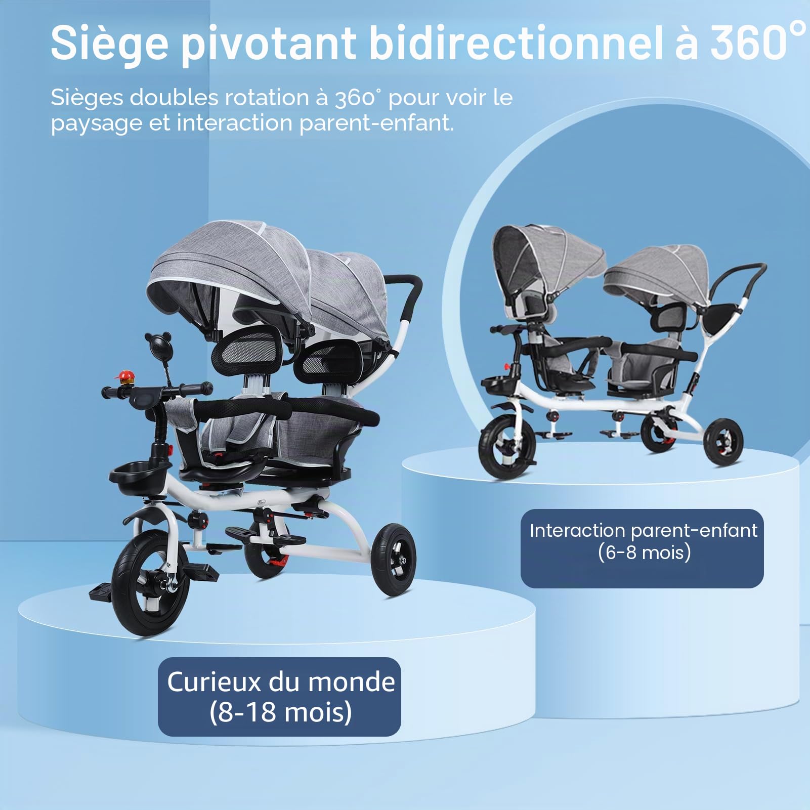 Poussette double tandem tricycle – Siège double avec auvent pour enfants de 2 à 8 ans, poussette double légère et durable pour un transport facile et un confort optimal.