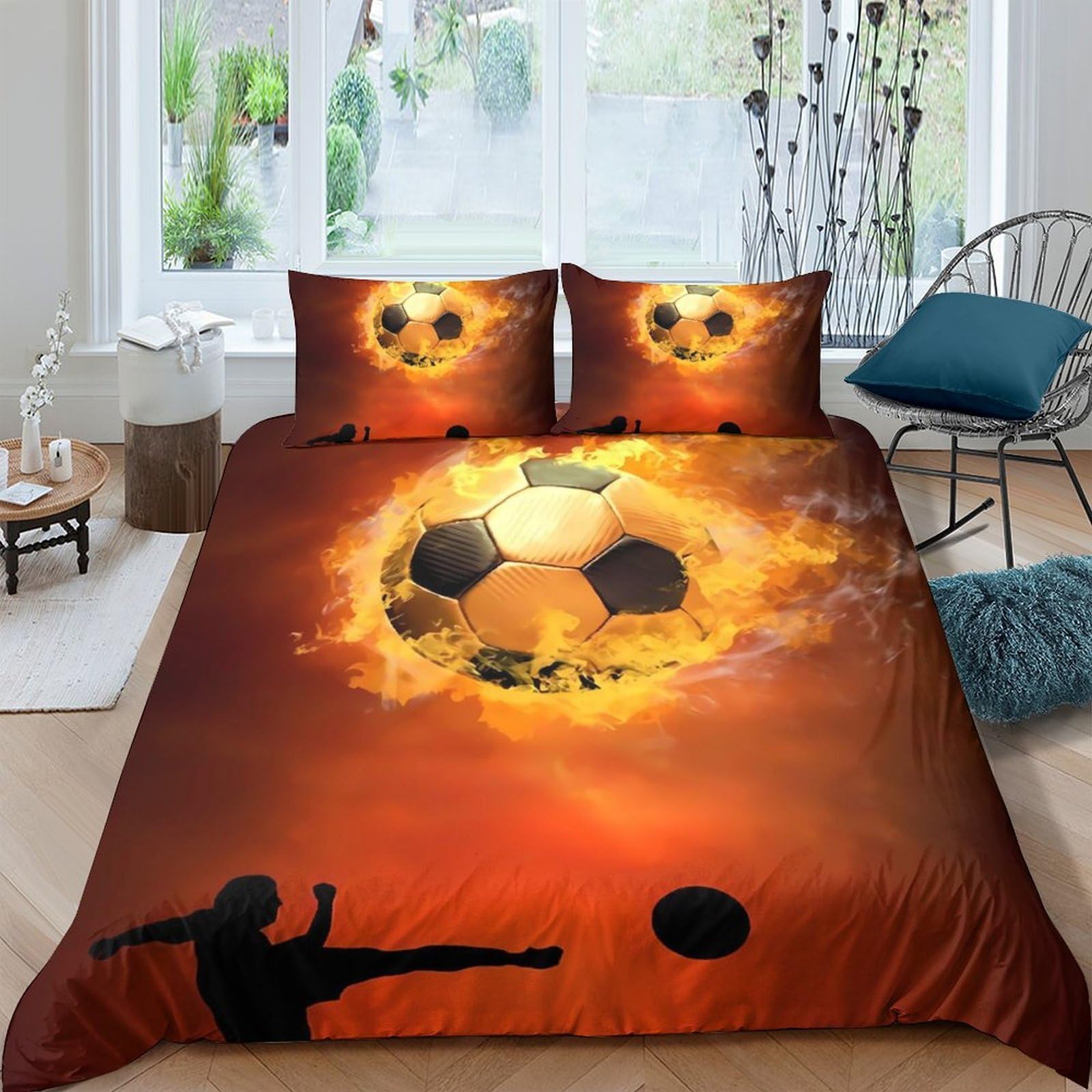 P5V6M1Q9 3D Printed Fire Soccer Duvet Cover Set Microfiber Breathable Football Goal Bedding Set with 2 Pillowcases for Bedroom Decor Single（135x200cm）