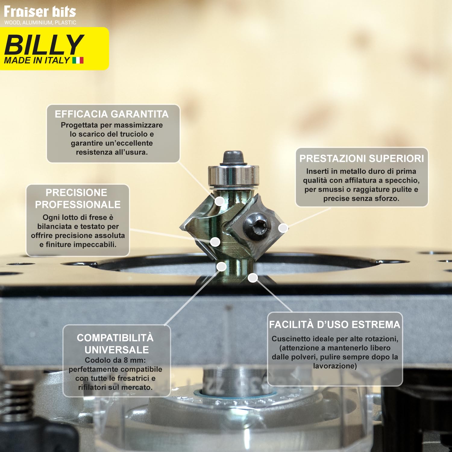 Fraiser Billy - fresa per smussare 45 gradi e raggio 3 concavo, con cuscinetto, per legno e derivati - gambo 8 mm - utensile professionale per fresatrice manuale, rifilatore e banco fresa