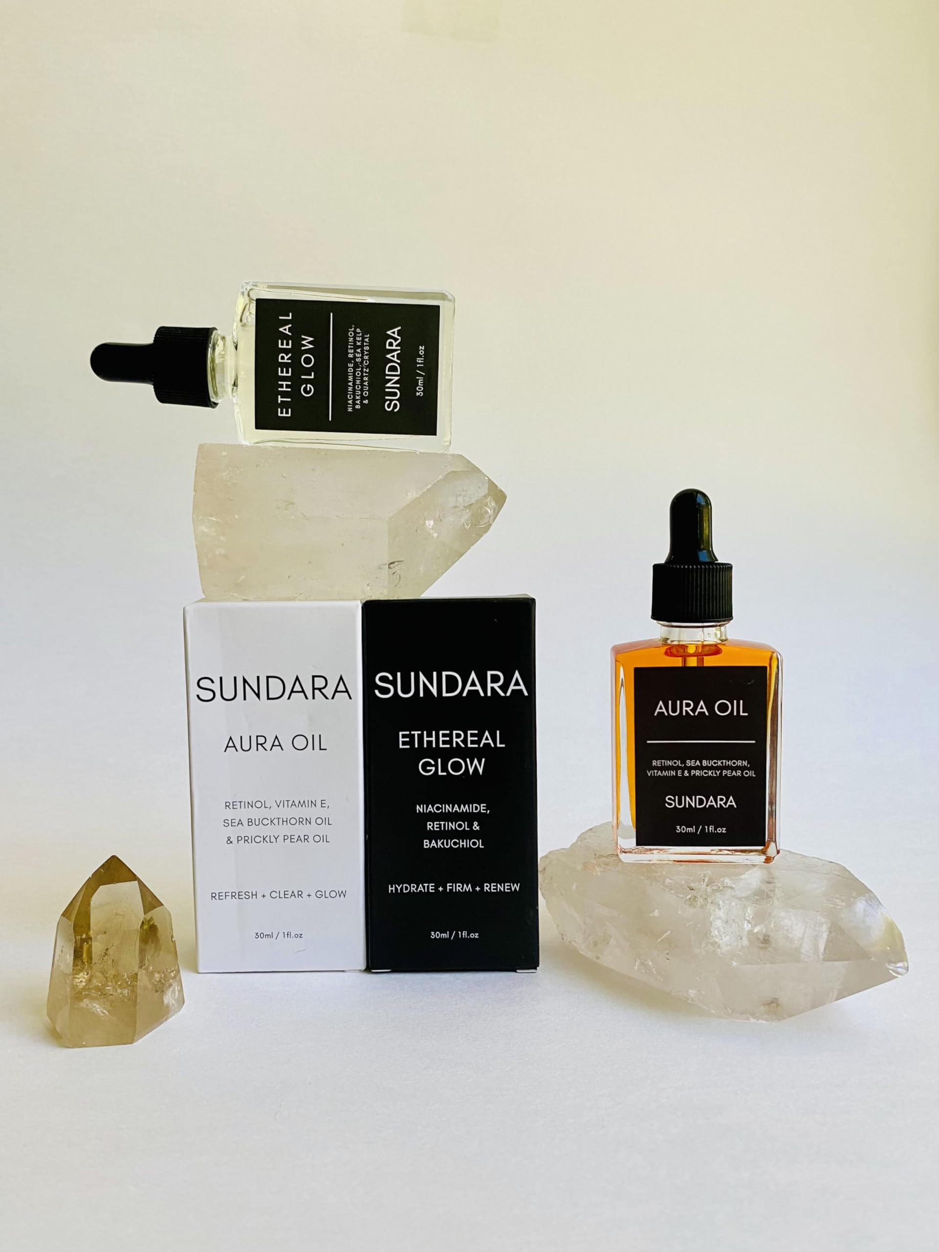 Sundara Anti Aging Night Set- Aura Oil and Ethereal Glow Skincare Duo, Tightning Serum & Anti Aging Oil- Sea Buckthorn, Bakuchiol, Niacinamide & Retinol