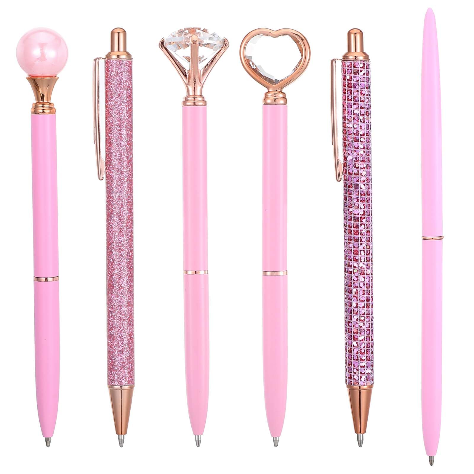 Pink Jewelled Ballpoint Pen Set, 6PCS Fancy Pretty Retractable Diamond Pen Set, Slim Metal Ballpoint Pens, Crystal Diamond Black Ink Pen for Woman Note-Taking Teacher Office Home Gift