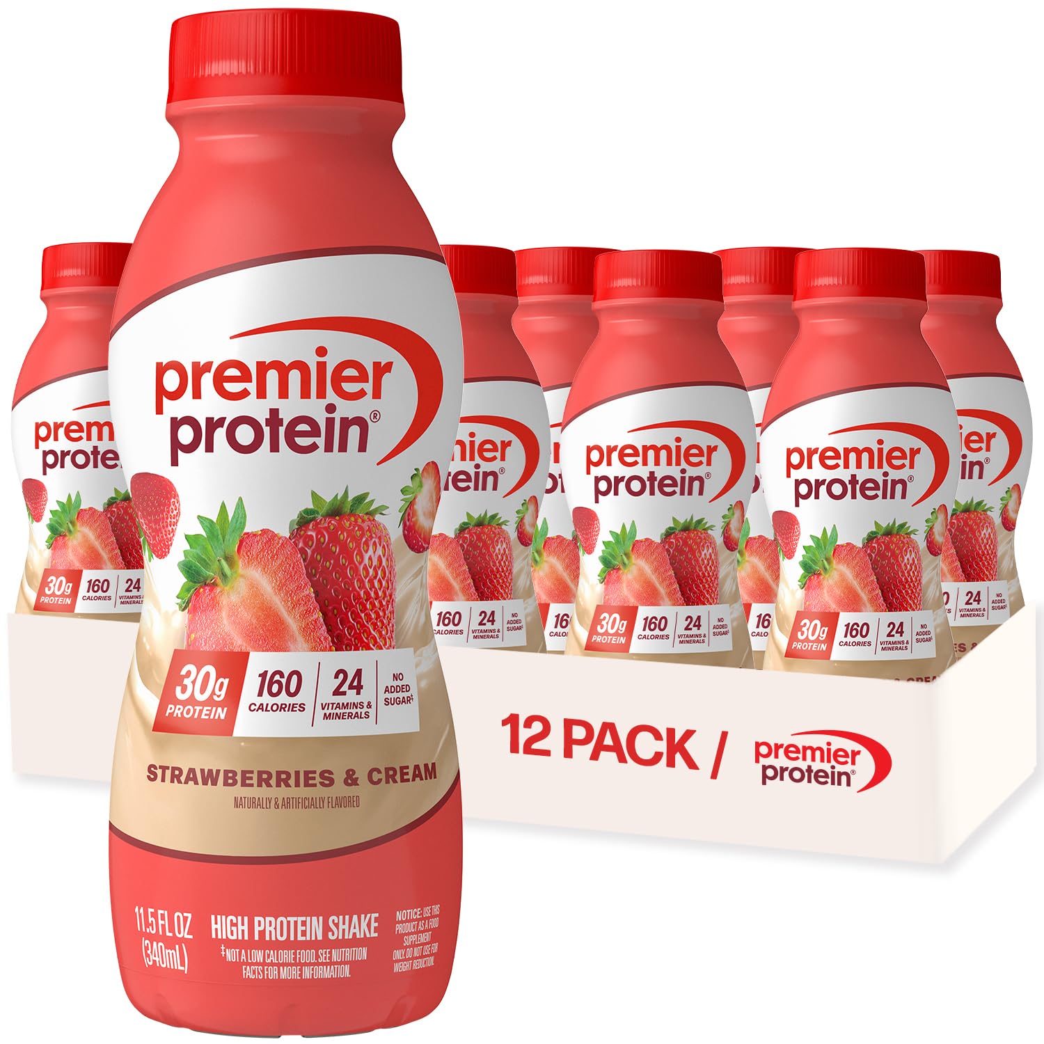 Premier Protein Shake, Strawberries & Cream, 30g Protein, No Added Sugar, 24 Vitamins & Minerals to Support Immune Health, 11.5 fl oz, 12 Pack (Packaging May Vary)