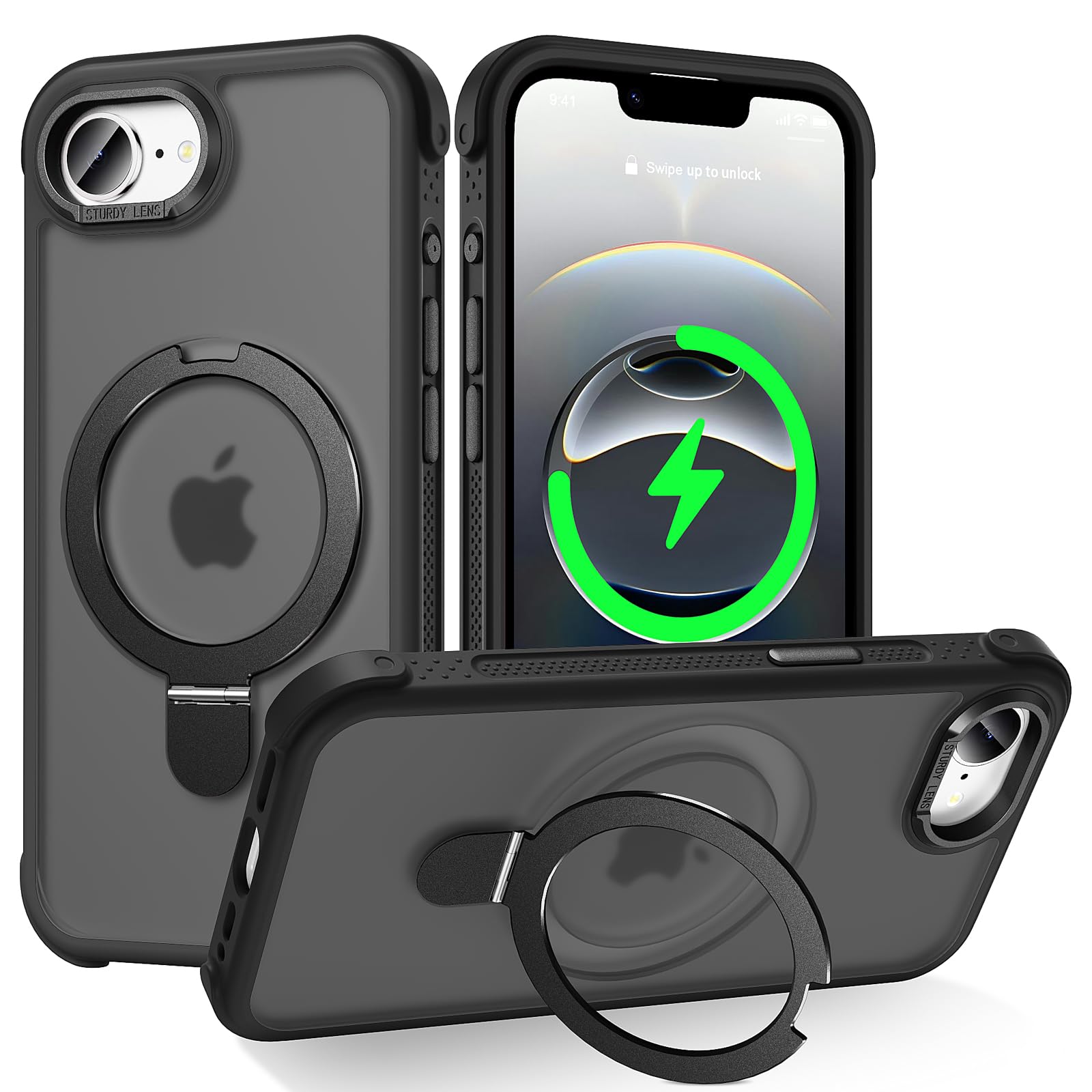Designed for iPhone 16e Case with Magnetic Stand Military Drop Protection Great Grip Feeling Matte Translucent Back Slim