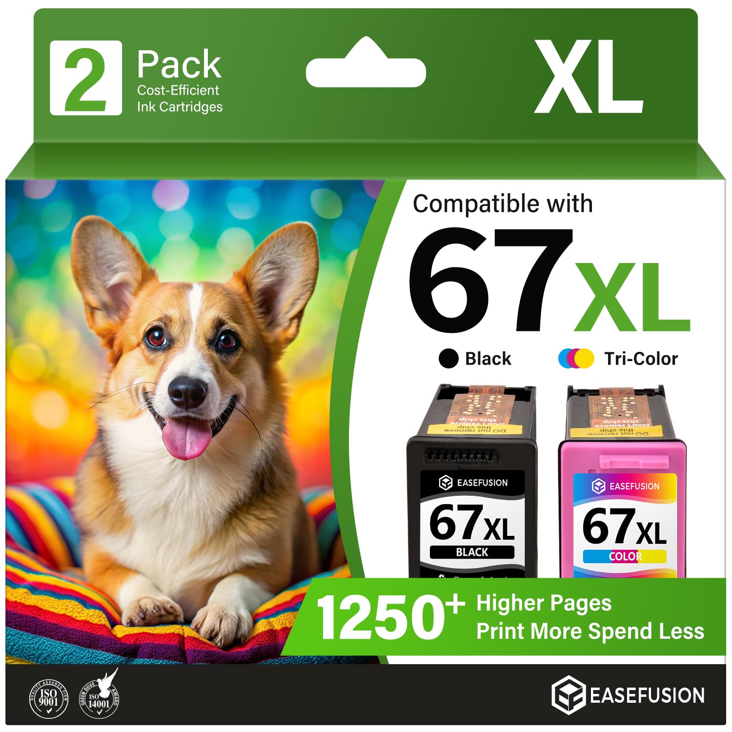 EaseFusion Replacement for HP 67 67XL Ink Cartridges Black/Color Combo Pack