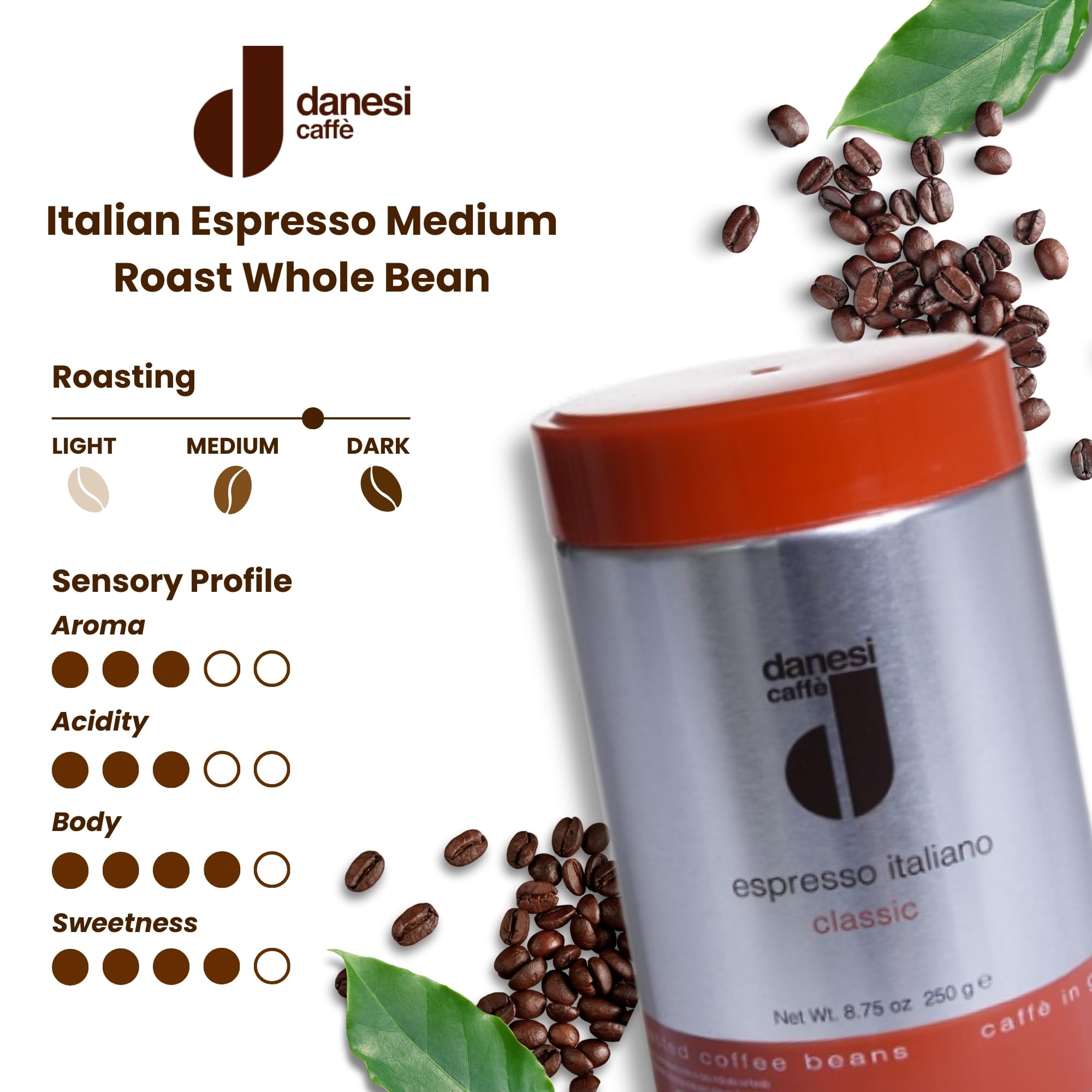 Danesi Caffe Italian Whole Coffee Beans - Espresso Coffee Beans and Medium Roast Whole Bean - Perfect for — view 5
