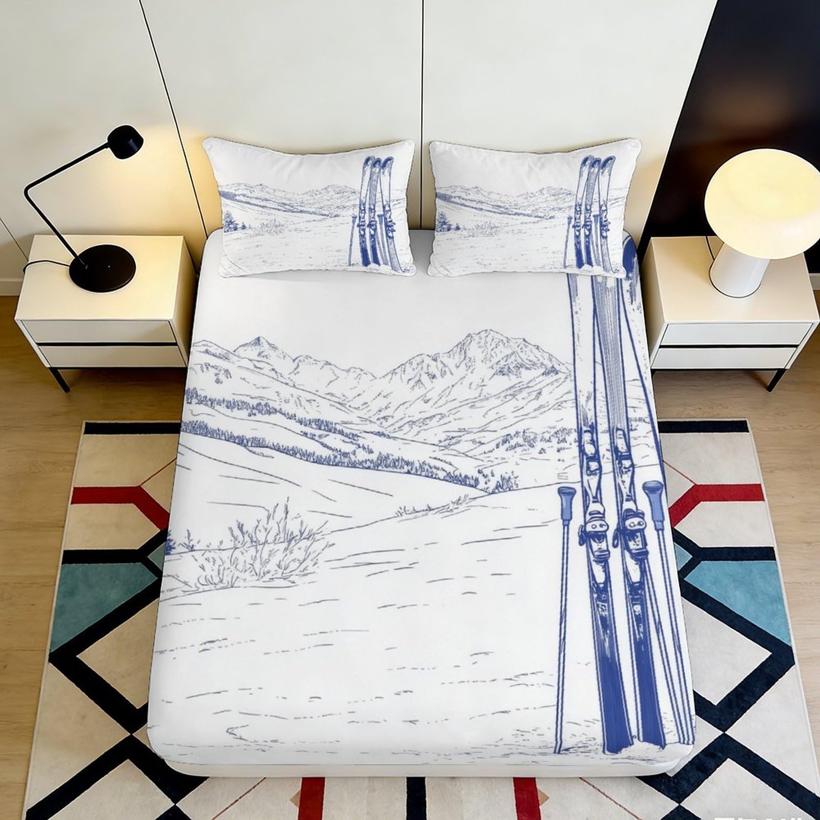 3D Printed Alpine Mountain Fitted Sheet Microfiber Soft Blue Ski Landscape Mattress Cover Anti-Slip Washable for Bedroom Guest Room 90x200x25cm