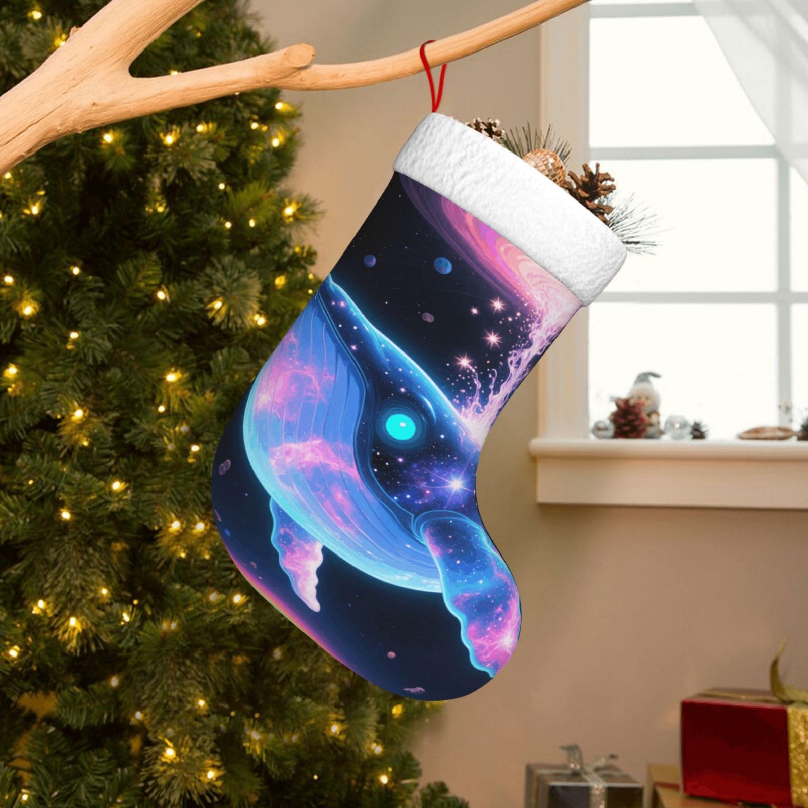 Velvet Christmas Stockings 17.7 Inch, Sci-Fi Whale Xmas Stocking with Soft Cuff,Classic Personalized Christmas Tree Decoration for Family Holiday New Year Party Supplies