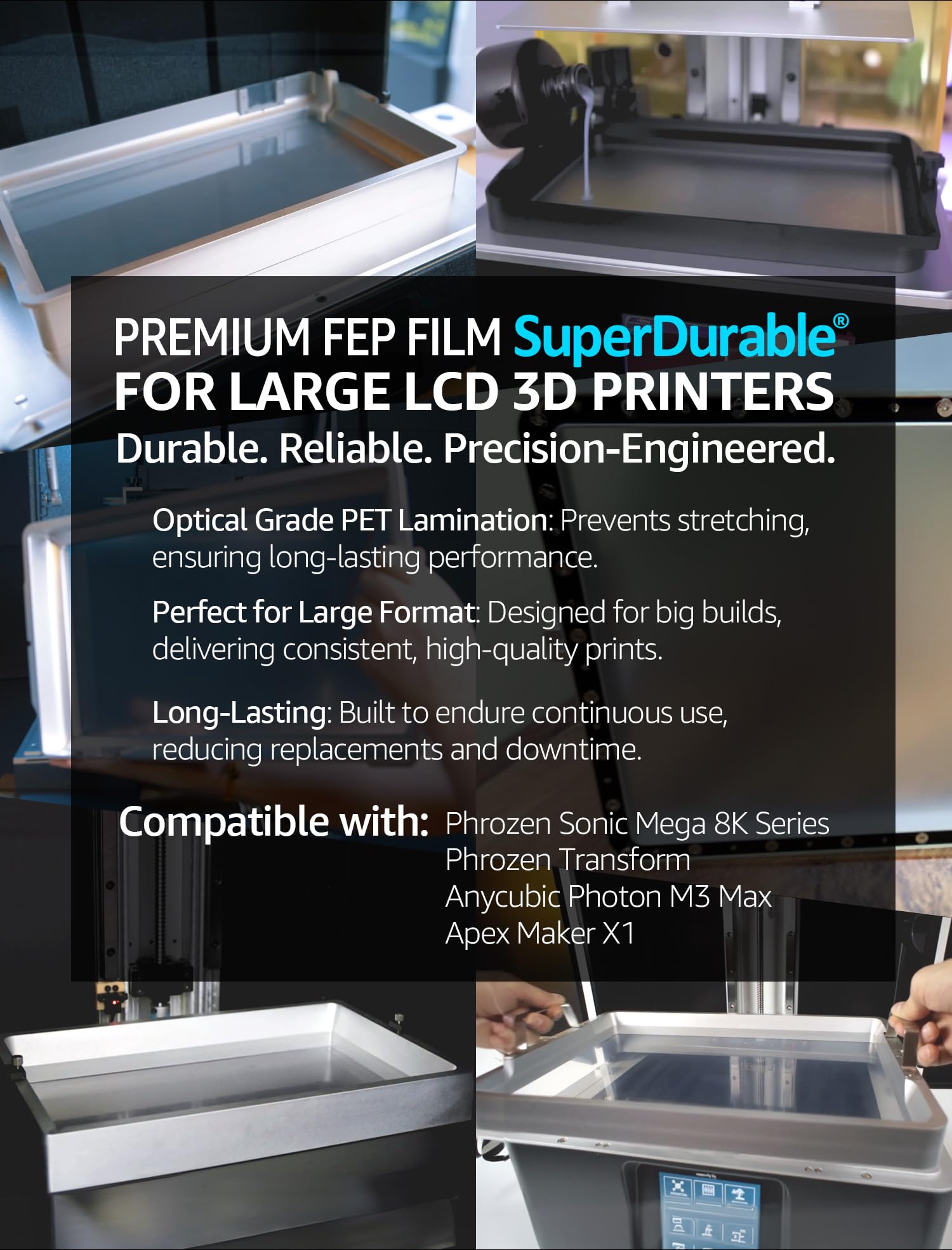 SuperDurable Pellicola rilascio FEP Toughest, x5 più resistente, prodotta in Corea da 3DMaterials. (5 fogli, 380mm x 280mm)