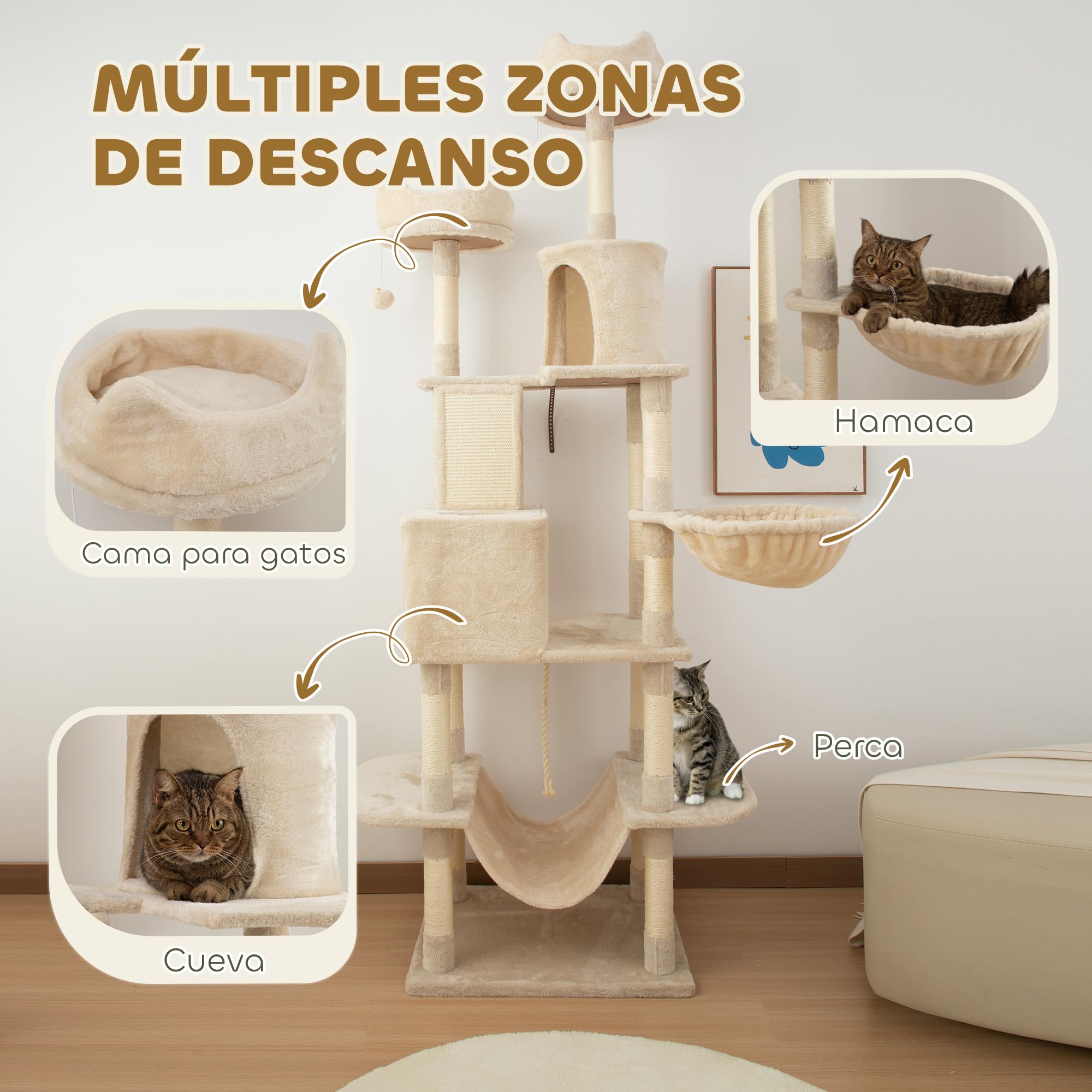 PawHut Rascador para Gatos Grande Altura 206 cm con Cuevas Hamacas Beige | Árbol para Gatos, Torre de Escalera, Plataformas, Bolas Colgantes