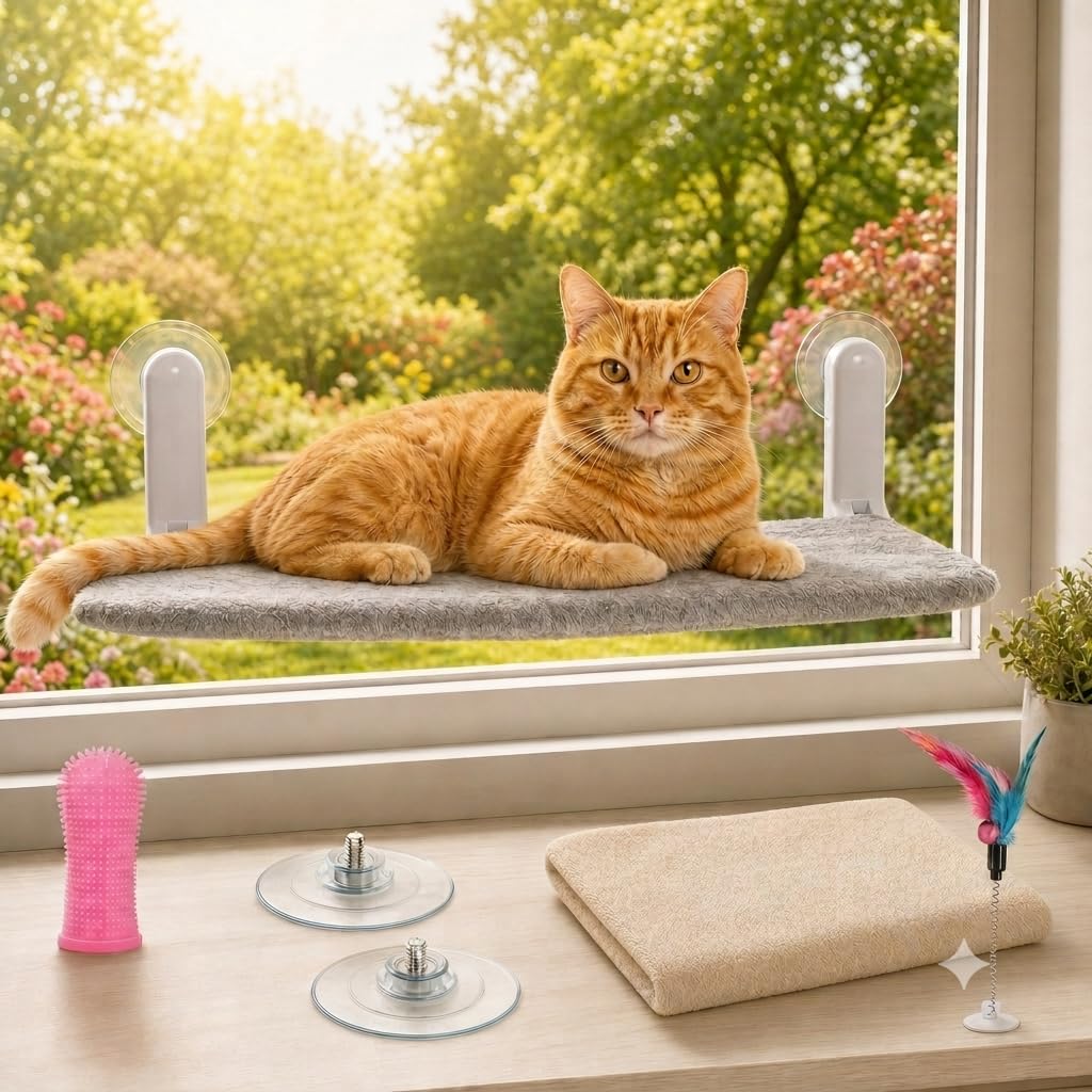 FR3® Hamaca para Gatos Ventana con Seguridad Reforzada | Cama Colgante con 6 Ventosas de Alta Resistencia y Barras Anti-Deslizamiento | Incluye 2 Fundas Reversibles Invierno/Verano y Juguete