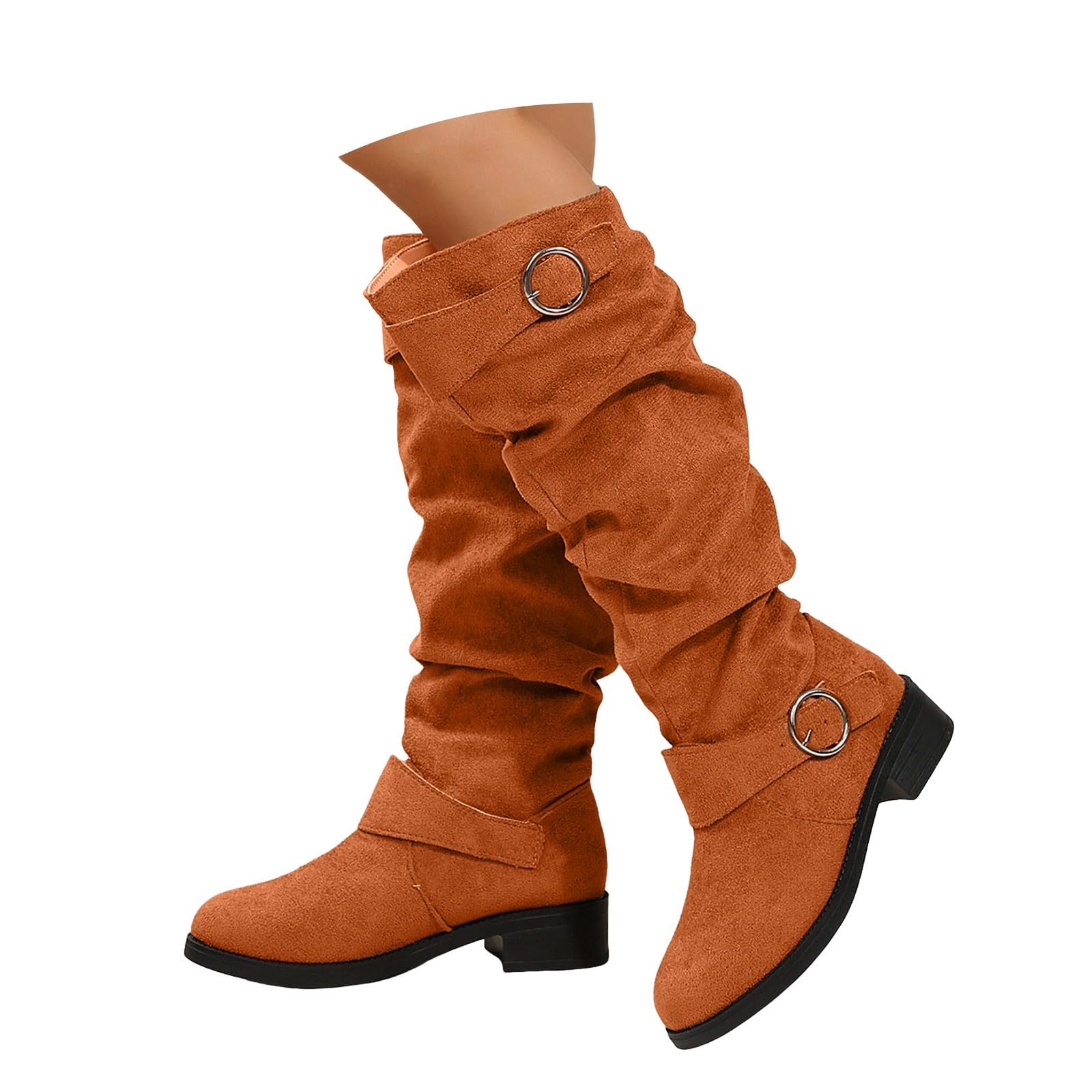 Womens Knee High Boots 2025 Suede Wide Calf Slouchy Ruched Pull On Long Tall Booties Almond Toe Low