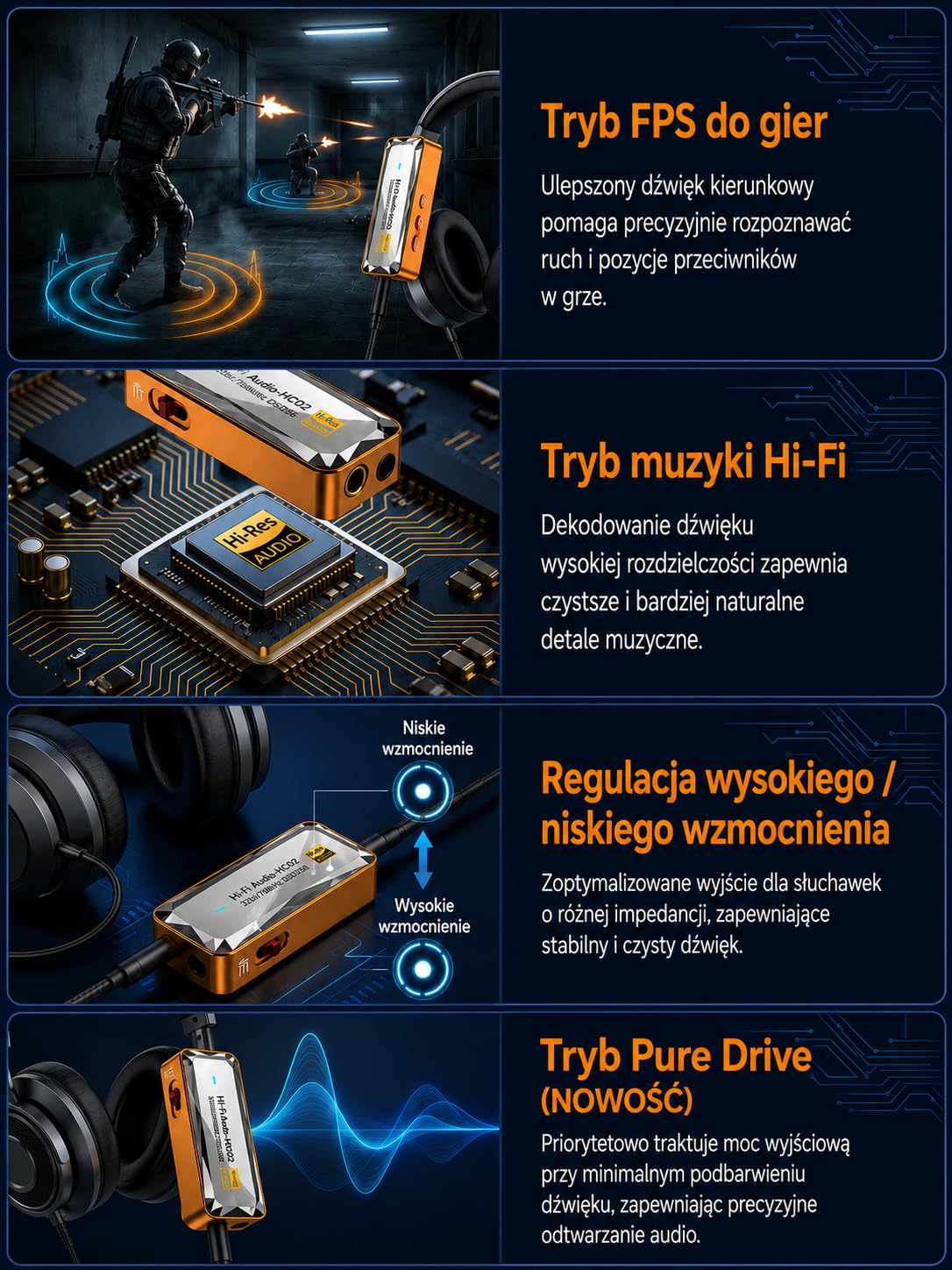 USB C DAC wzmacniacz słuchawkowy, CS43198 HiFi dongle DAC z wyjściem 3,5 mm i 4,4 mm, przenośny DAC AMP, DSD256 32bit/768kHz do IEM, słuchawek, laptopa i PC,pomarańczowy | USB C DAC z CS43198, Hi-Res, 3,5 mm i 4,4 mm