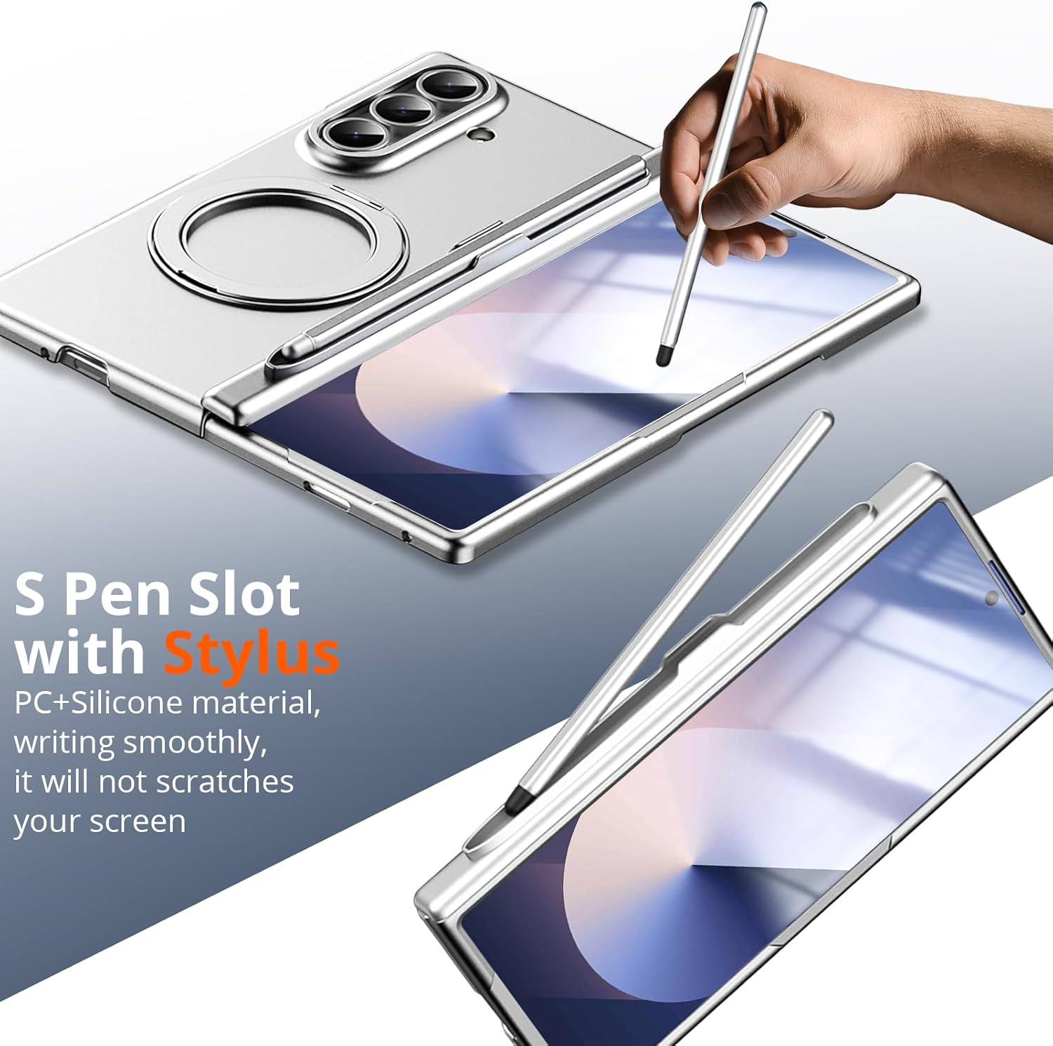 for Samsung Galaxy Z Fold 6 Case with S Pen Holder & Stylus, Magnetic Rotating Ring Stand Compatible Magsafe Screen Protector Hinge Cover Full Coverage Protective Case for Z Fold 6 Sliver