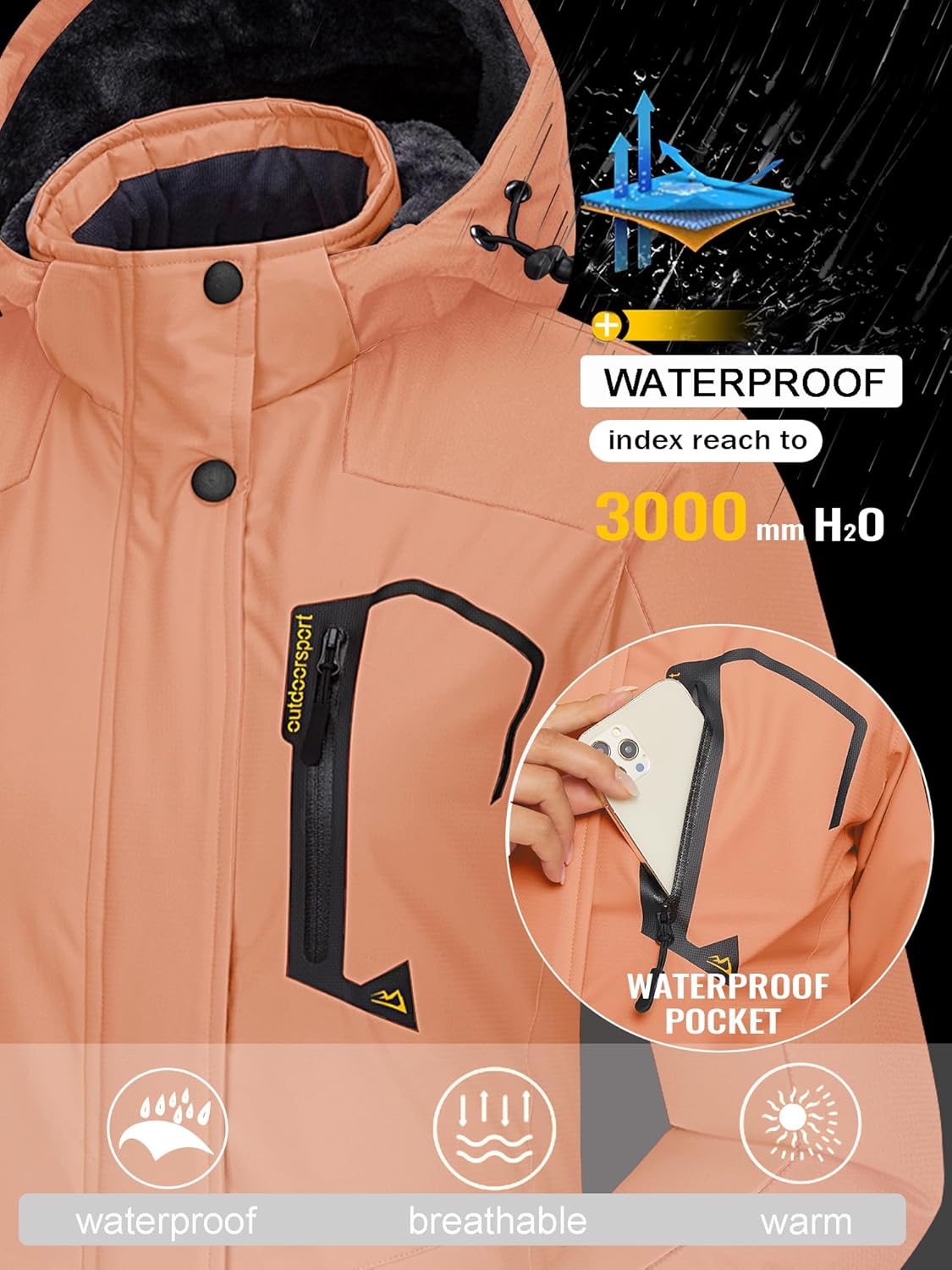 TACVASEN Women's Winter Jacket Waterproof Ski Jackets Snow Coat Warm Fleece Rain Jacket with Hood Windbreaker - Image 3