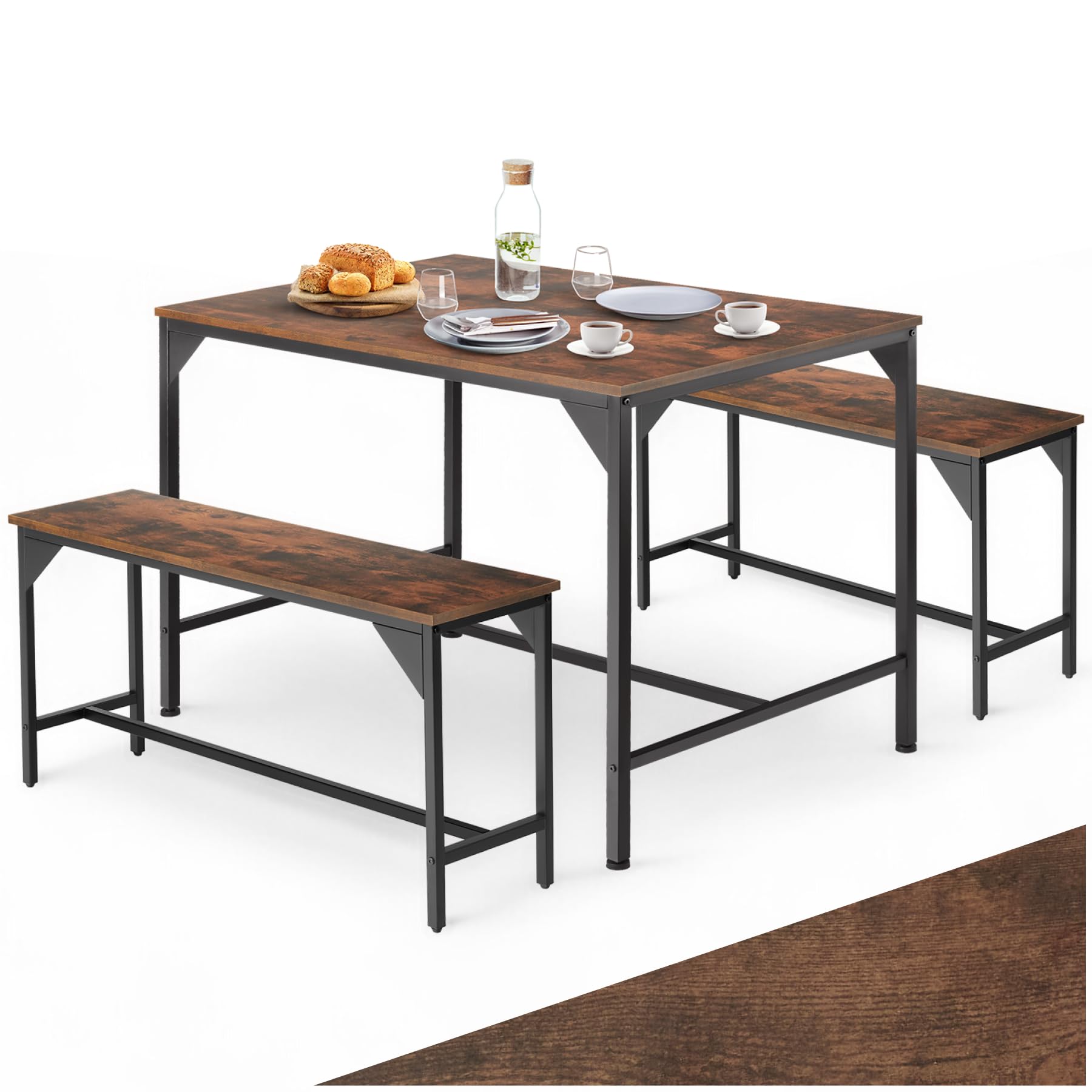 tectake® Conjunto de Mesa y Bancos, Estilo Industrial Minimalista, Mesa de Comedor con Banco, Muebles para Salón y Cocina, Marco de Acero y Madera con Revestimiento en Polvo, Fácil Montaje - Oscuro