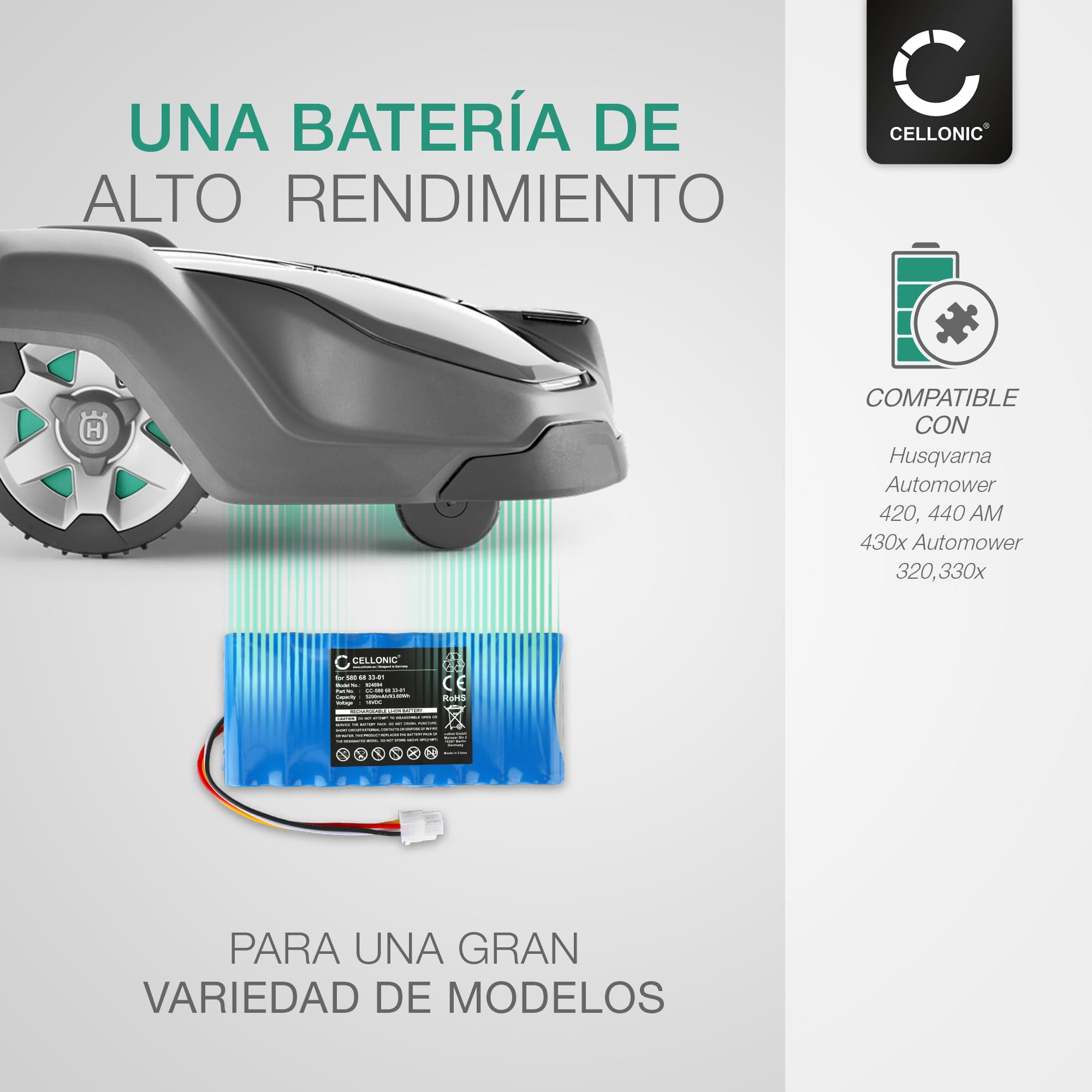 CELLONIC® 18V Batería Repuesto para Husqvarna Automower 420/440 / 320/550/ 520 Accu Sustitución 580 68 33-01, 580 68 33-02,580 68 33-03 5200mAh Li Ion