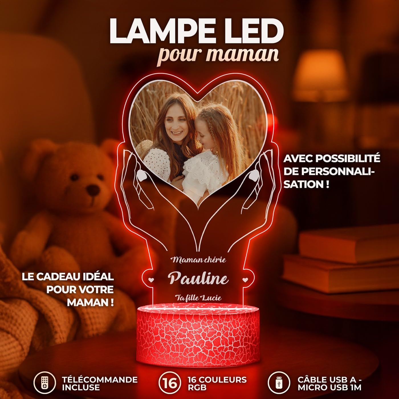 Maverton Lampe LED Personnalisée Pour Maman - Lampe Photo Personnalisé - Cadeau Personnalisé Fete des Meres - Cadeau Maman Anniversaire - Plaque Acrylique 22x15cm avec Socle Lumineux - coeur