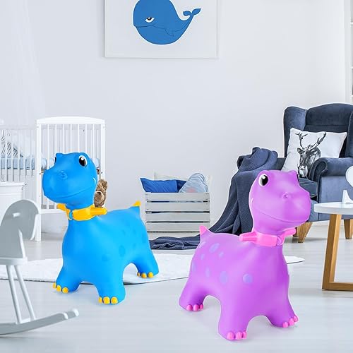 Miniatura 7 de 2 piezas de dinosaurios inflables de dinosaurio saltando con bomba de dinosaurio para montar en saltar juguetes para niños de 6 años o más, 2 colores