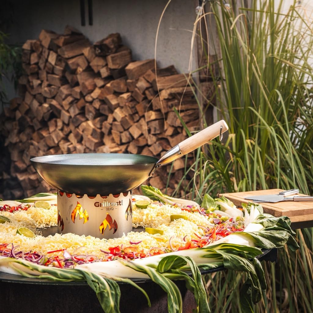 Grillrost.com Das Original Edelstahl Wokaufsatz | Krone für alle Feuerplatten mit 20cm Feuerloch mit Flammendesign