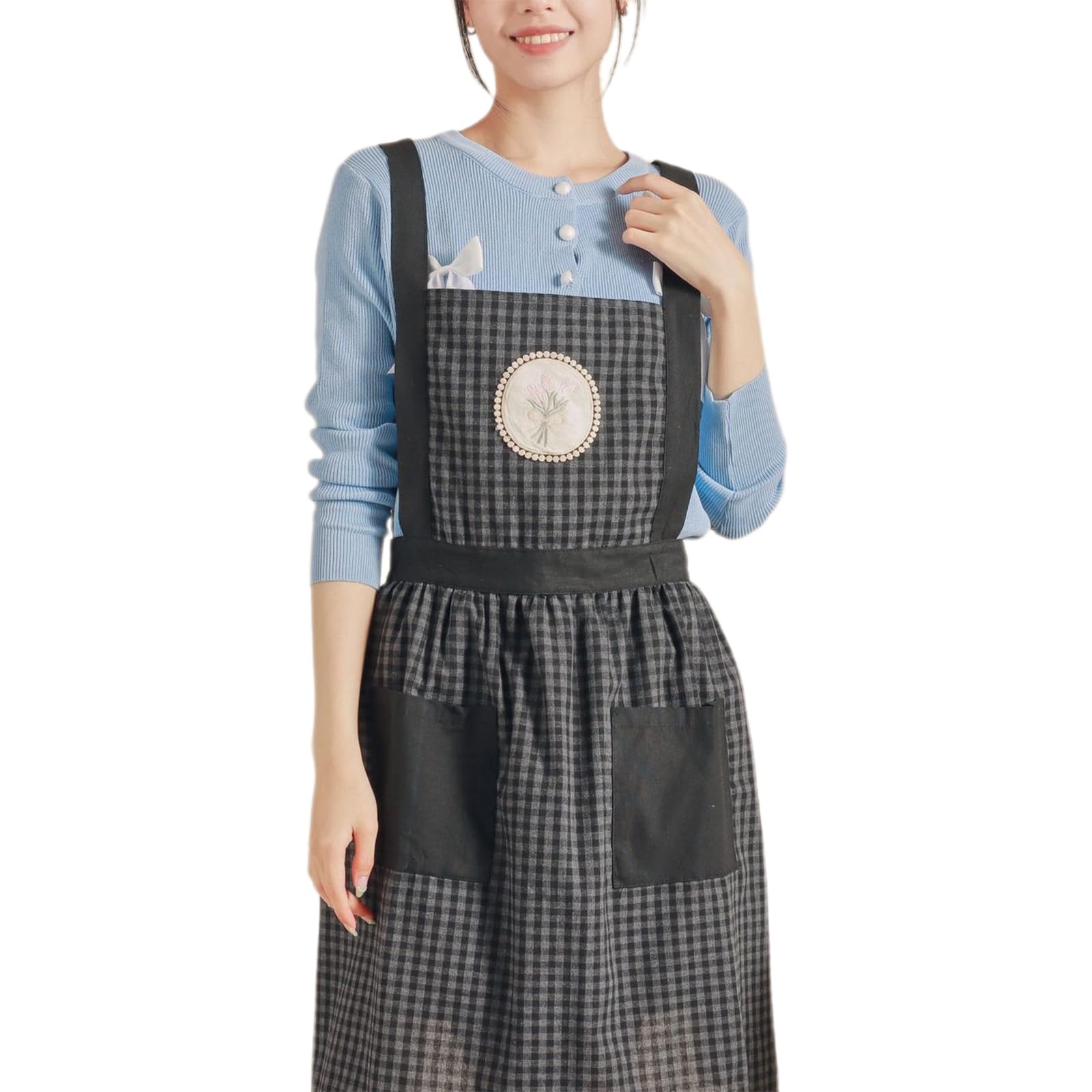 Tablier en coton for femme avec poche, tablier de chef cuisine for, pâtisserie, jardinage, noir