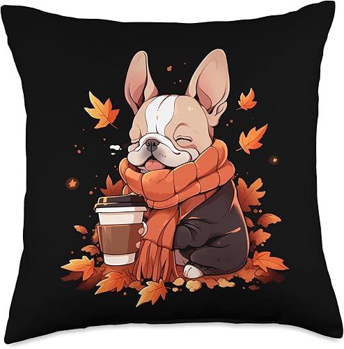 Cojín de perro francés Bulldog Otoño Calabaza Especias Latte Francés Perro Francés, 18 x 18 pulgadas, Multicolor