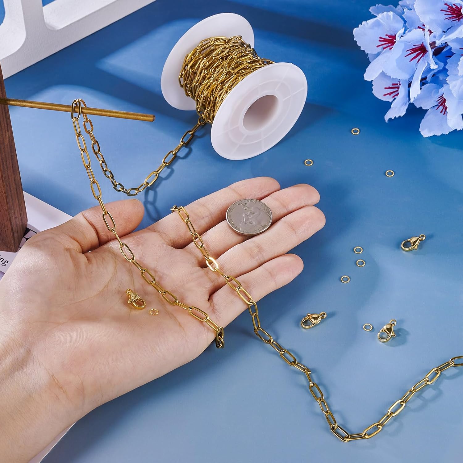 Pandahall 16.4 Ft 18K Gold Plated Paperclip Chains Stainless Steel Chains 9.7x4.2x1mm Gold Link Chains Kits with Lobster Clasps Jump Rings for DIY Bracelet Necklace Jewelry Making - Image 6