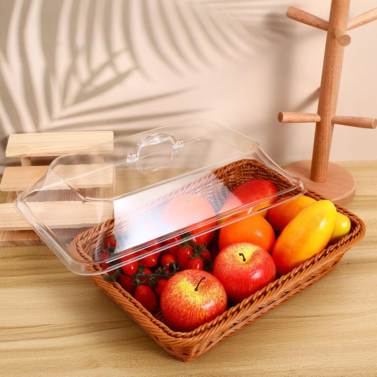 Cesta de pan tejida de mimbre para servir, cesta de pan de ratán de imitación con tapa acrílica, cesta tejida de mesa para servir alimentos, cesta de frutas para cocina y restaurante