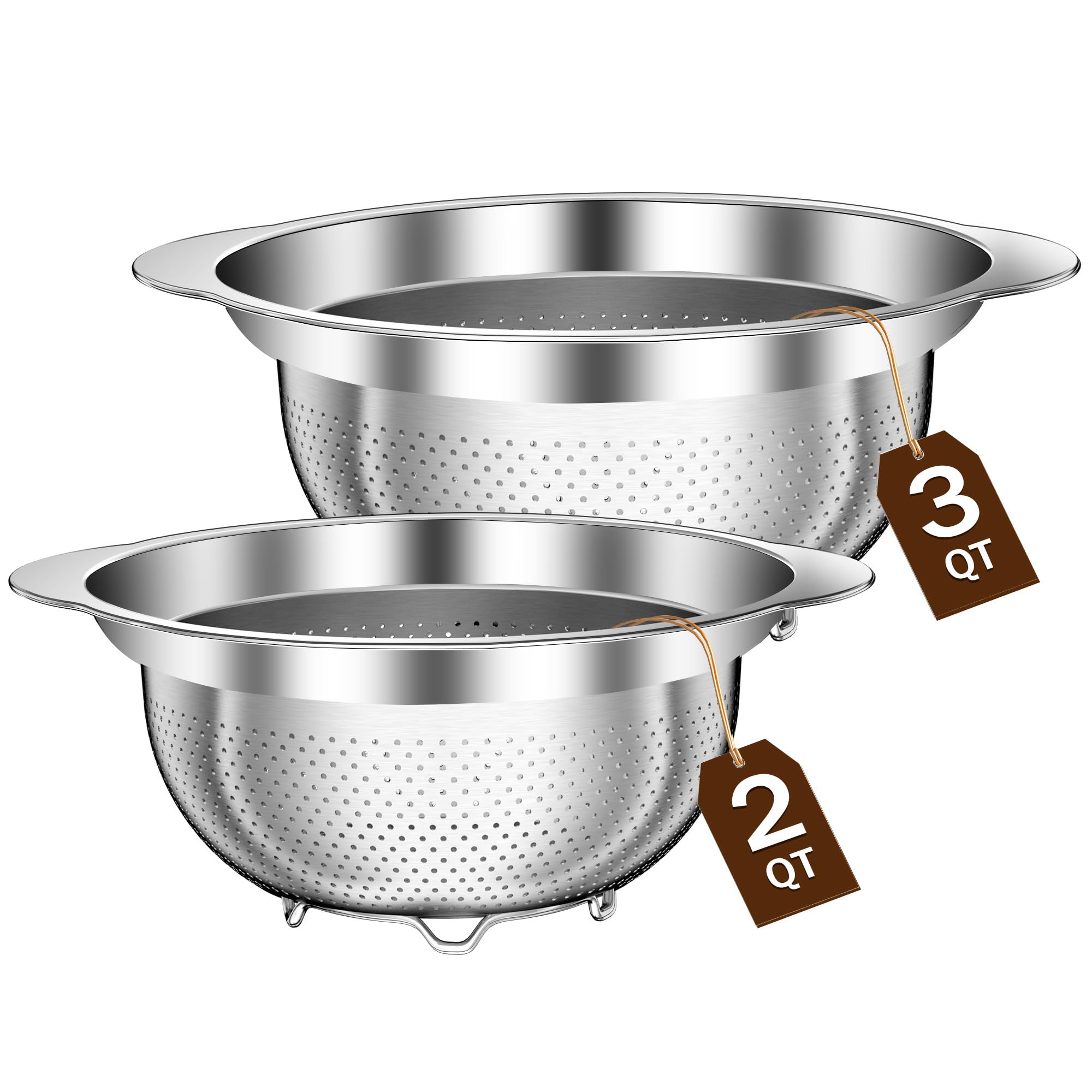 Stainless Steel Strainers for Kitchen, Stainless Steel Colander, Kitchen Strainer for Pasta Fruit Veggie Hot Food, 2 Pack Strainers and Colanders(2QT &amp; 3QT), Dishwasher Safe, Silver