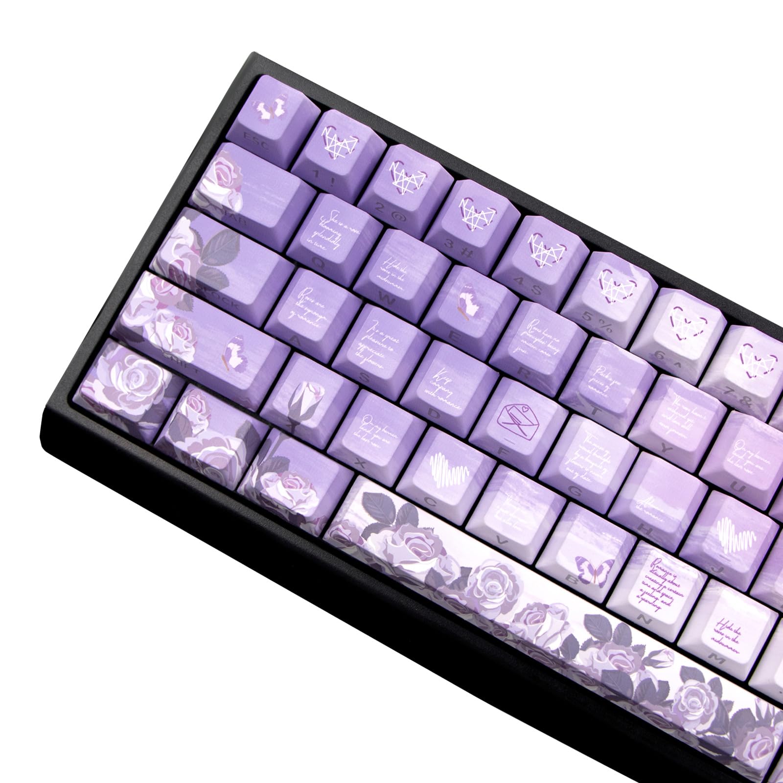 JSJT Side Printed Translucent Keycaps - Purple Roses Themed Keycap Set,74 Keys PBT Shine Through Keycap Suitable for Cherry MX Switch 60/61/65/67/68