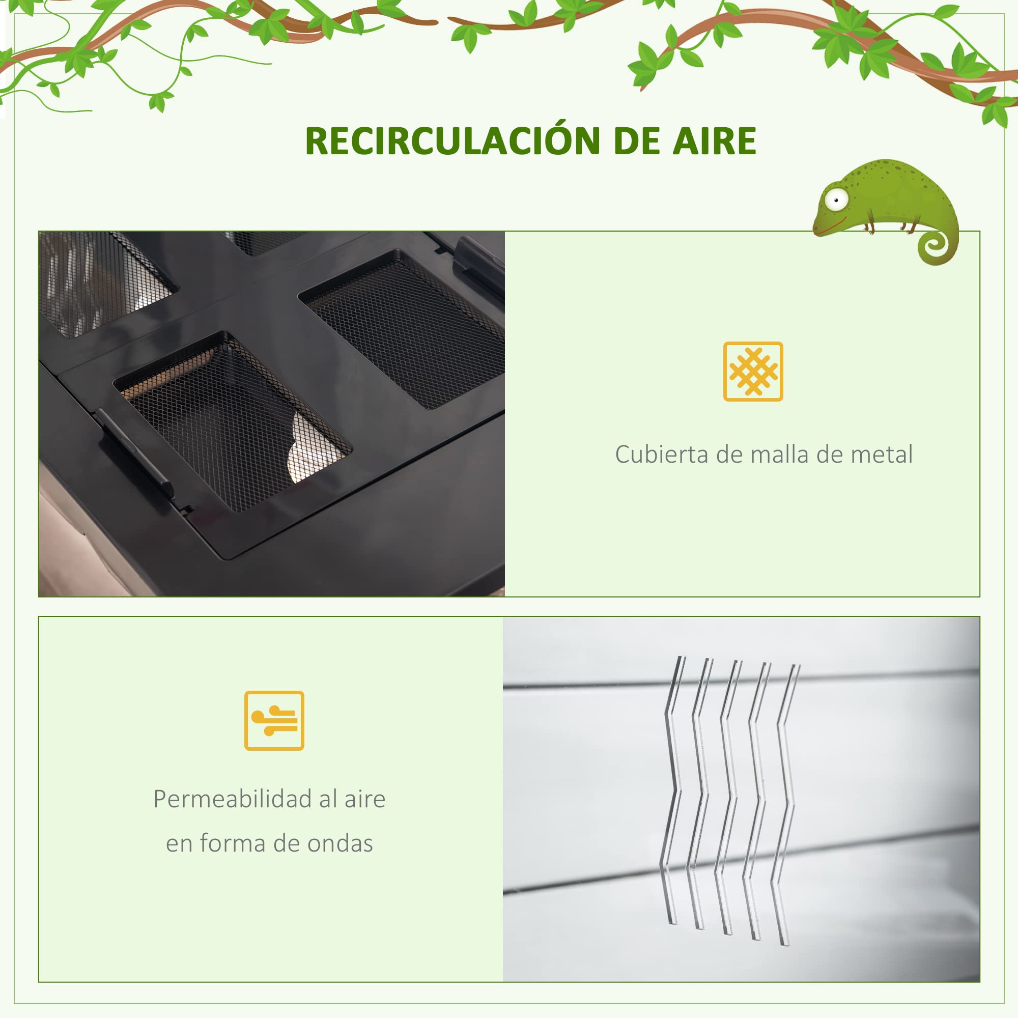 PawHut Terrario para Reptiles Caja de Alimentación de Insectos de Acrílico con Comedero Termómetro 2 Portalámparas E27 e Interruptor para Lagarto Camaleón 60x40x40,5 cm Negro
