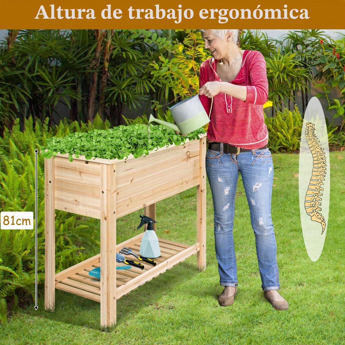GOPLUS Huerto Urbano de Flores, Maceta de Cultivo de Madera de Abeto con Estante & Gran Superficie, Cama Elevada para Verduras y Flores, Jardinera para Balcón Patio Exterior, 92 x 41 x 81 cm
