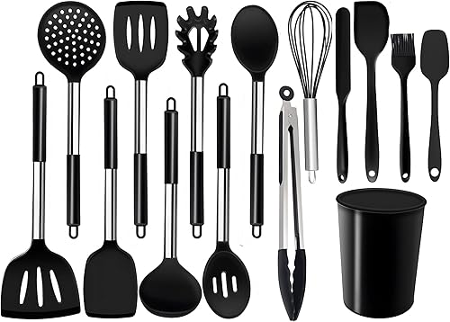 NTVKID Juego de utensilios de cocina de silicona kit de herramientas de cocina de acero inoxidable de 15 piezas con soporte espátula cucharón