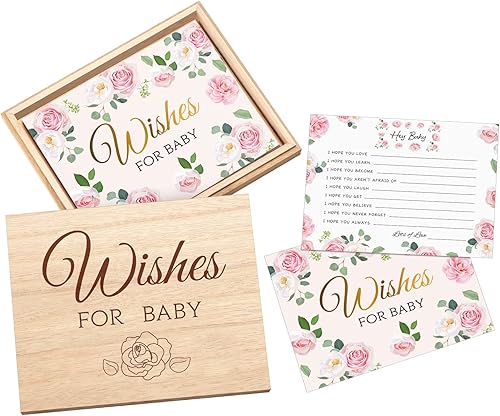 Paquete de 50 tarjetas de consejos para baby shower y caja de recuerdo de madera para bebés, tarjetas de consejos para bebés, tarjetas de bebé para