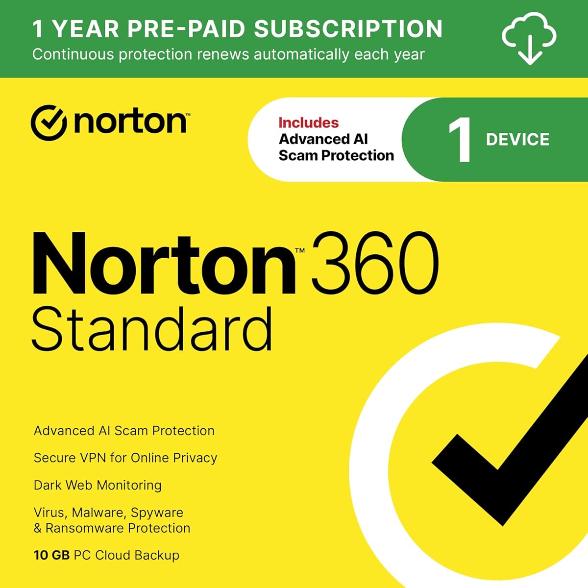 Norton 360 Standard 2025, Antivirus software for 1 Device with Auto-Renewal – Includes Advanced AI Scam Protection, VPN, Dark Web Monitoring & PC Cloud Backup [Download] : Everything Else