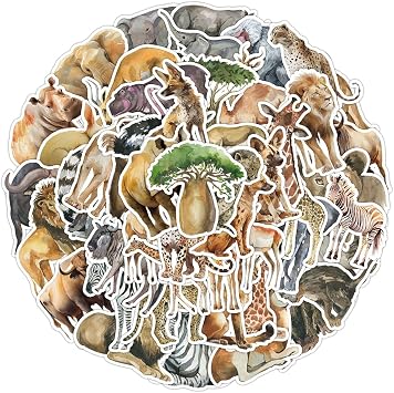 Watercolor African Safari Animal Vinyl Stickers, 50 PCS Waterproof Illustrated Wildlife Decals for Laptops, Scrapbooking, Journals, Notebooks, Water Bottles, Suitcases, Phones & DIY Decor