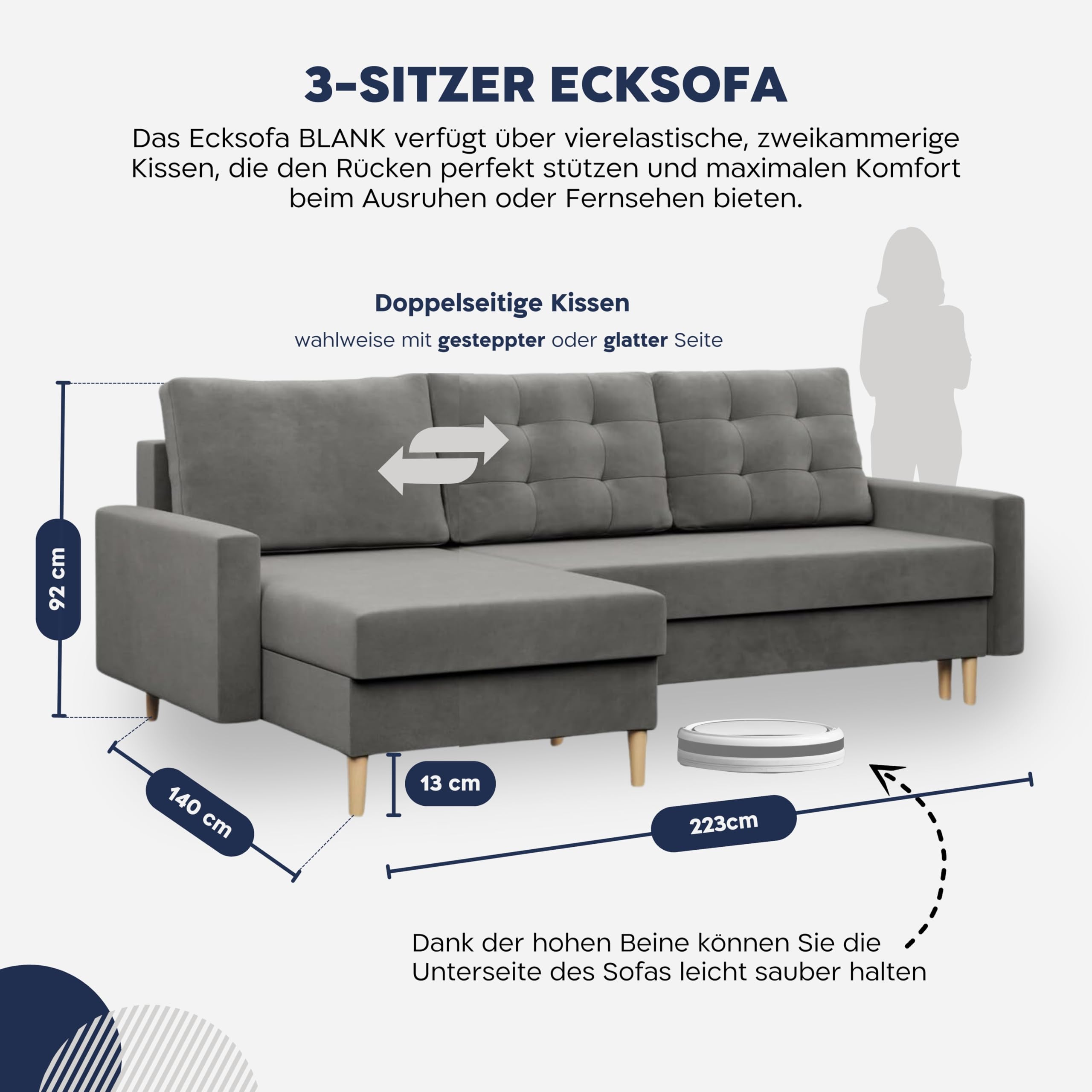 Mebligo - Ecksofa mit Schlaffunktion und Bettkasten Blank, Eckcouch Convertible (Links und Rechts) Sofa L Form 223 x 140 x 92 cm, Couch mit Bonellfedern, Ecke Sofa Wohnzimmer, Schlafsofa - Gelb
