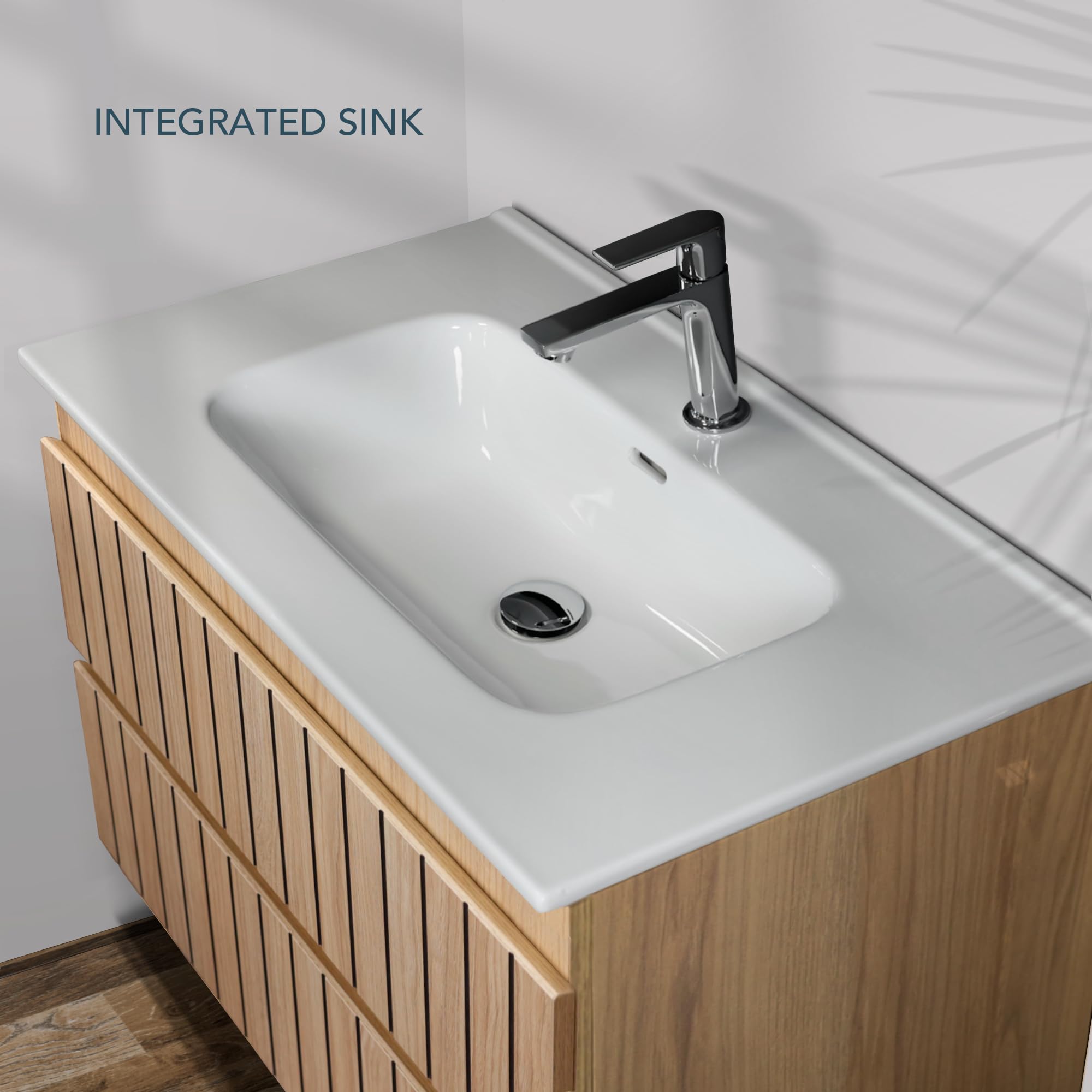 Conjunto Mueble Baño Tiger 100 cm Roble Nórdico con Encimera Cerámica Blanca Brillo, Lavabo Incluido, 2 Cajones Soft Close, Diseño Suspendido, Gran Almacenaje práctico y Funcional