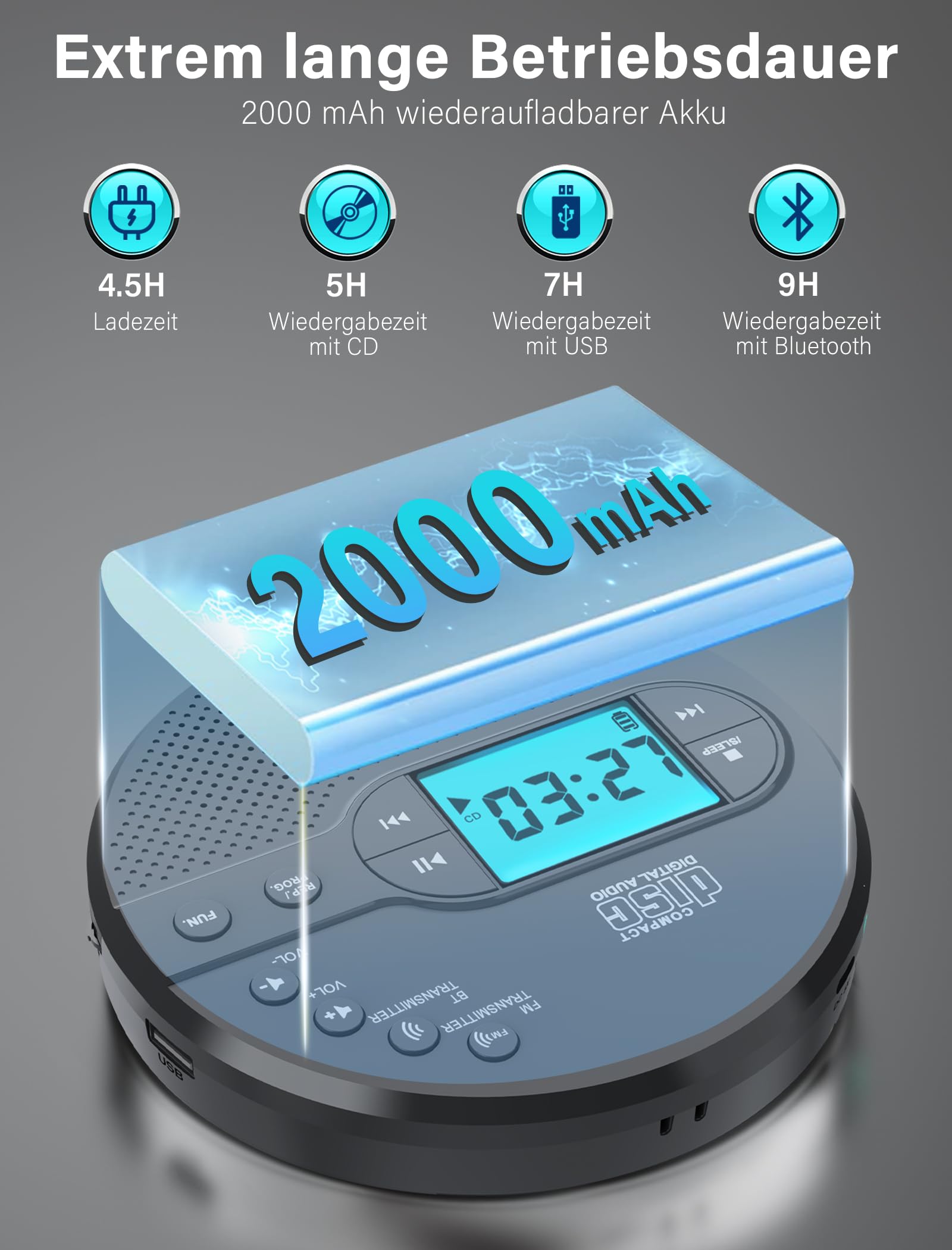 Discman-CD-Player mit Bluetooth-FM-Transmitter, Kopfhörern, LCD-Bildschirm, AUX, integriertem Lautsprecher, USB-Anschluss, 2000mAh wiederaufladbarer CD-Player tragbarer mit Anti-Skip-Schutz