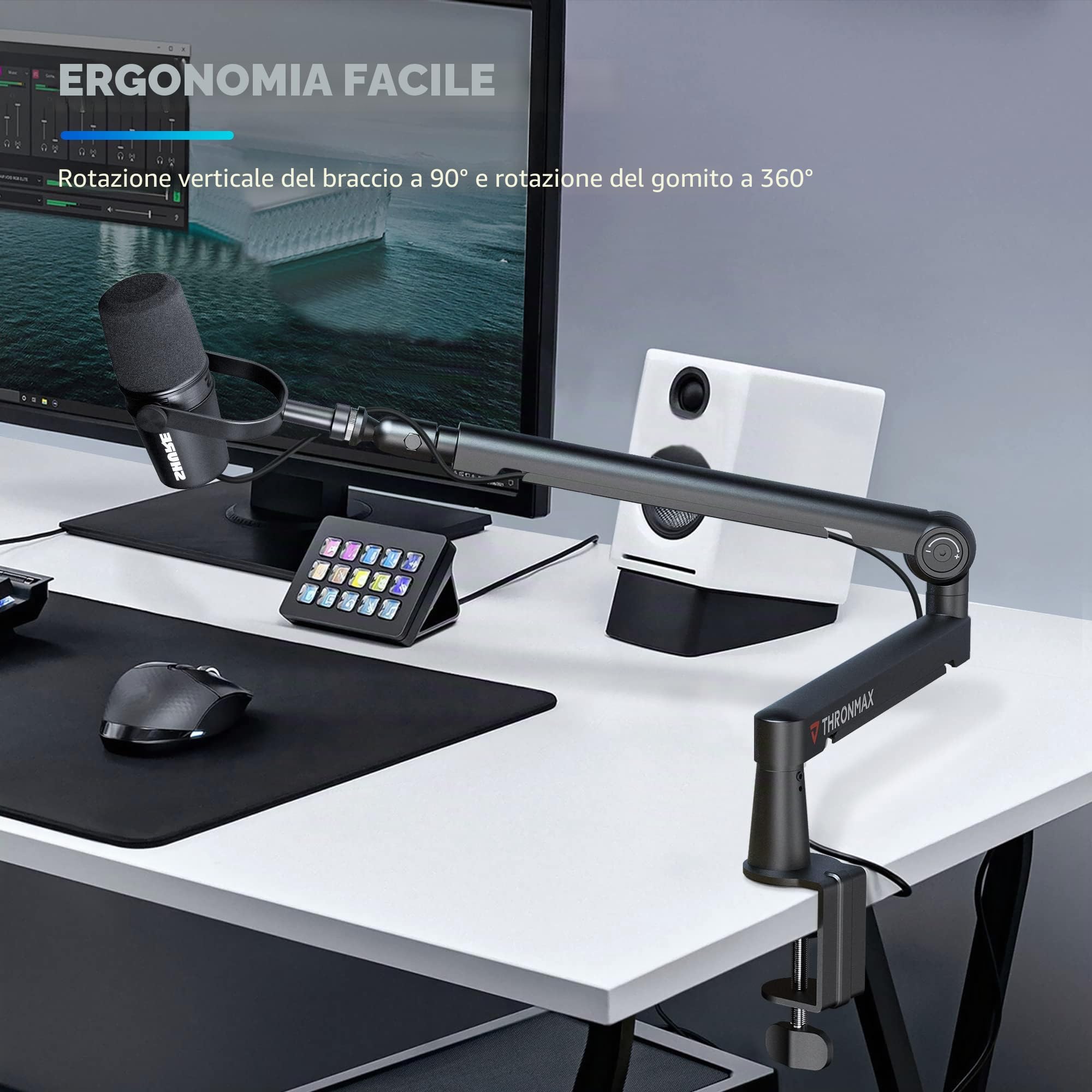 Thronmax S6 Braccio boom per microfono, supporto per microfono robusto pieghevole 360° per Podcast/Streaming/Gaming/Youtuber/Blue Yeti, 1/4" 3/8" 5/8" Universale in Acciaio inossidabile (Nero)