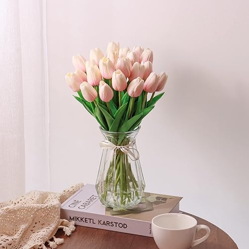 Miniatura 6 de 10 piezas de tulipanes rosados, flores falsas de poliuretano, tulipanes artificiales de tacto real, tallo único, tulipanes florales falsos, ramo