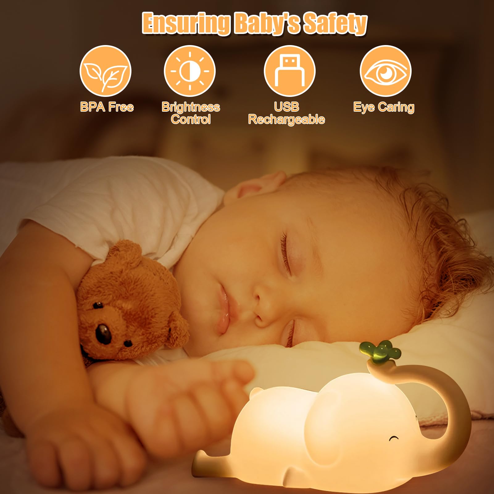 Luce Notturna Bambini, Silicone Lampada da Comodino Neonato Con Funzione Timer, Luce Notturna Bambini Ricaricabile, Lampada Notturna Touch, Luce Notturna per Regalo Neonato Ragazza Ragazzo