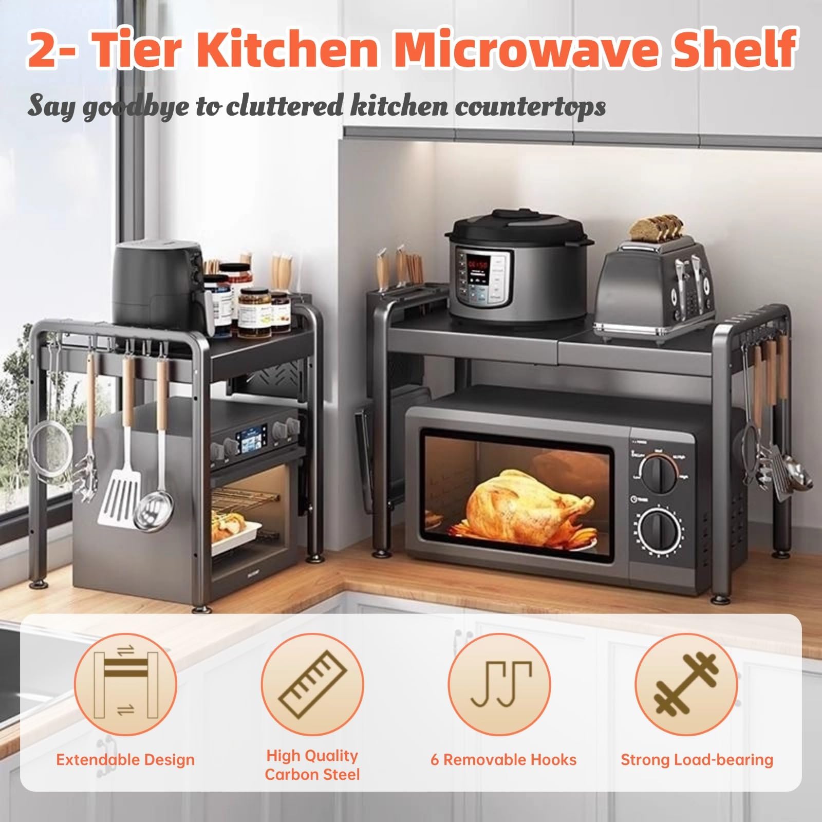 Mensola espandibile per microonde con 6 ganci, supporto estraibile per forno a microonde, 2 livelli, supporto per forno a microonde, scaffale con organizer per piani di lavoro della cucina