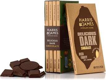 Harris & James 4 x Delicious Dark 70% Dark Chocolate Bar Library Pack, Handcrafted Bean To Bar Chocolate In A Gift Box Made From Cuencas de Huallaga Cacao 86g x 4 Bars