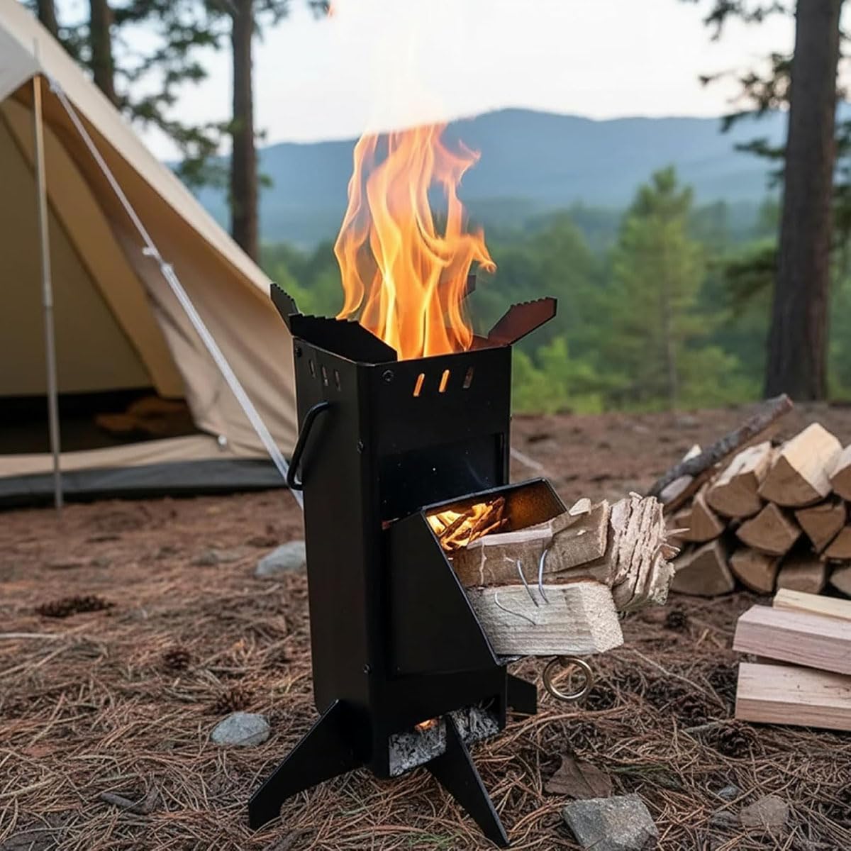 Raketenofen Tragbarer Raketenofen Holzofen Schwarz | Für Kochutensilien in verschiedenen Größen, mit Ständer, Outdoor-Rucksackreisen, Wandern, Grillen, Picknick