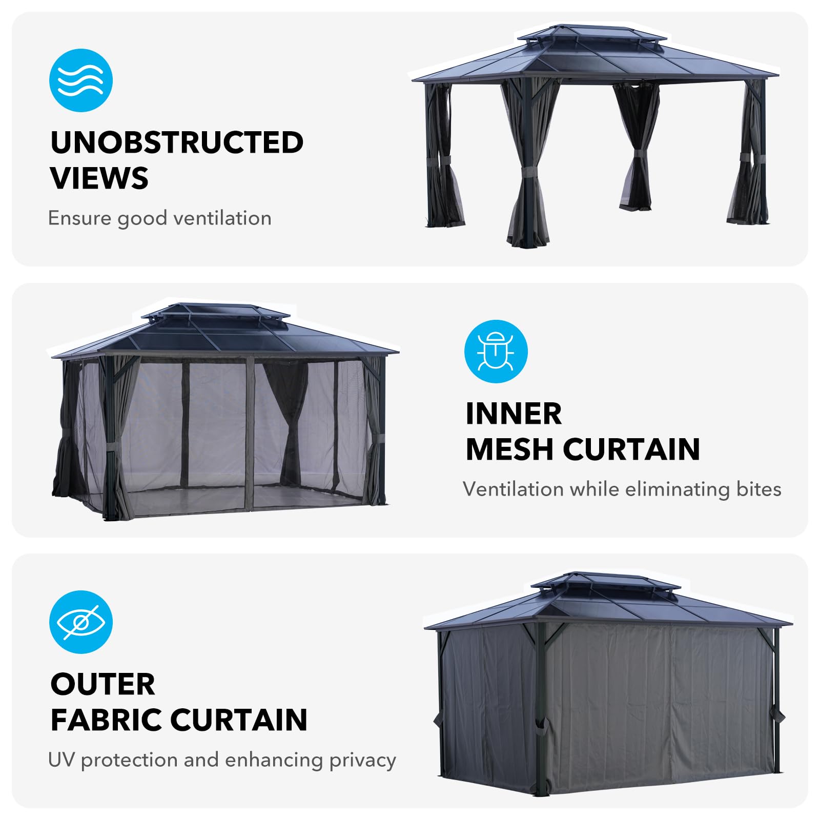 LeDoasis 10' X 13' Hardtop Gazebo, Outdoor Permanent Polycarbonate Double Roof Canopy with Breathable Netting & Privacy Curtain for Patio Backyard Garden Lawn Party