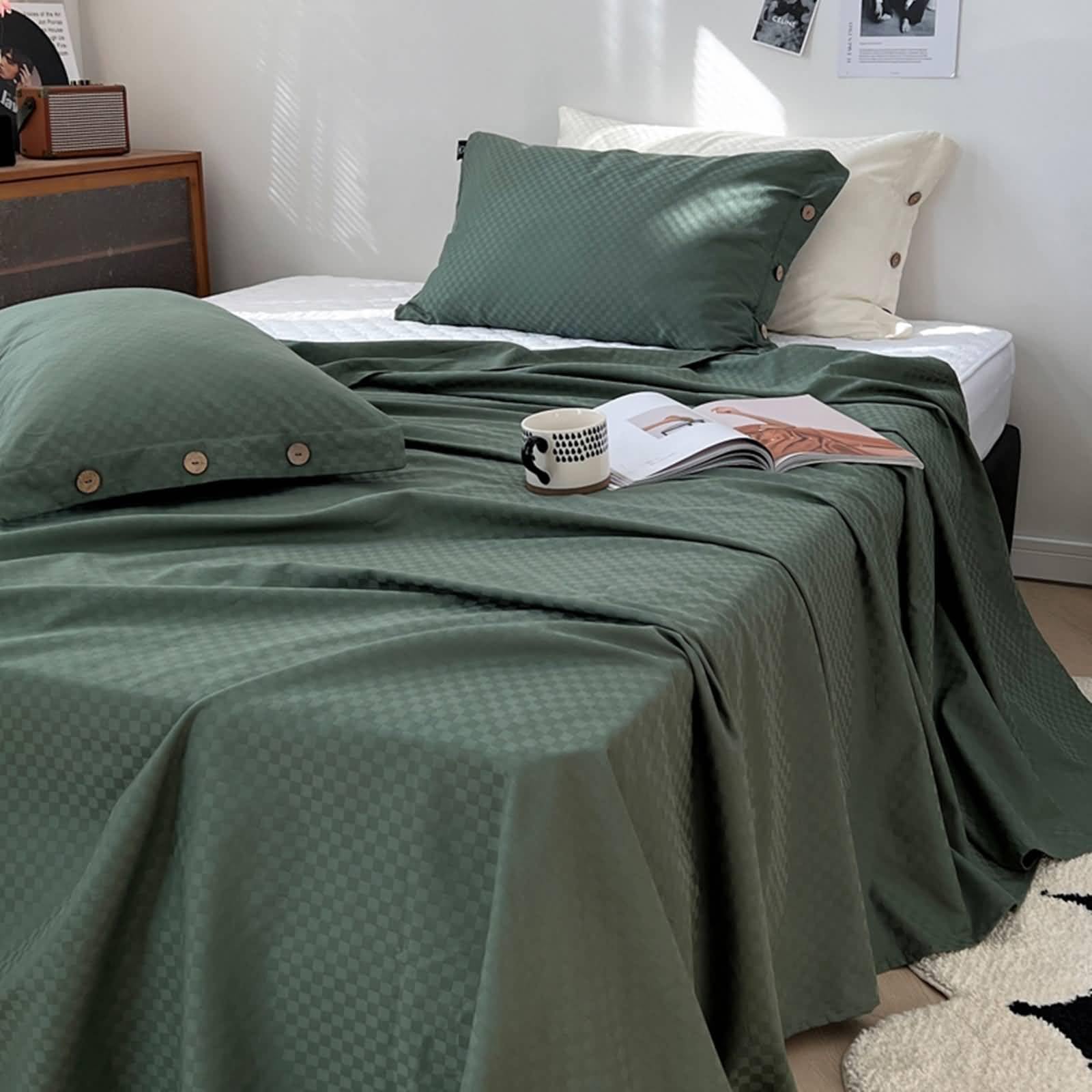 Sabana Proyector 230x250cm,Sabanas Cama Verano Patrón de Cuadros Sabana Encimera Verano Verde Oscuro