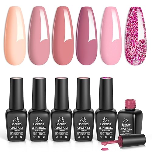 Beetles Gel Polish Juego de esmalte de uñas 6 colores pastel nude rosa con purpurina para lámpara de curado de uñas esmalte de verano para manicura