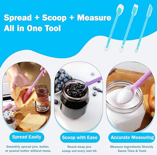 Miniatura 5 de Juego de 3 cucharas de espátula de silicona de doble extremo, raspador de tarro de mango largo y cuchara medidora con escala (1 cucharada, 1