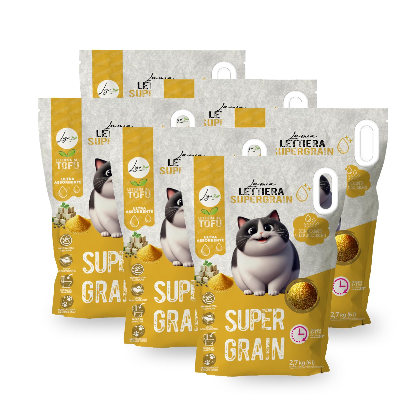 Ligo Nature Lettiera gatto |SUPERGRAIN| neitro|ecologica|ultra assorbente|assorbimento rapido|controllo degli odori| 6 confezioni da 6l (6 l,Senza profumo)