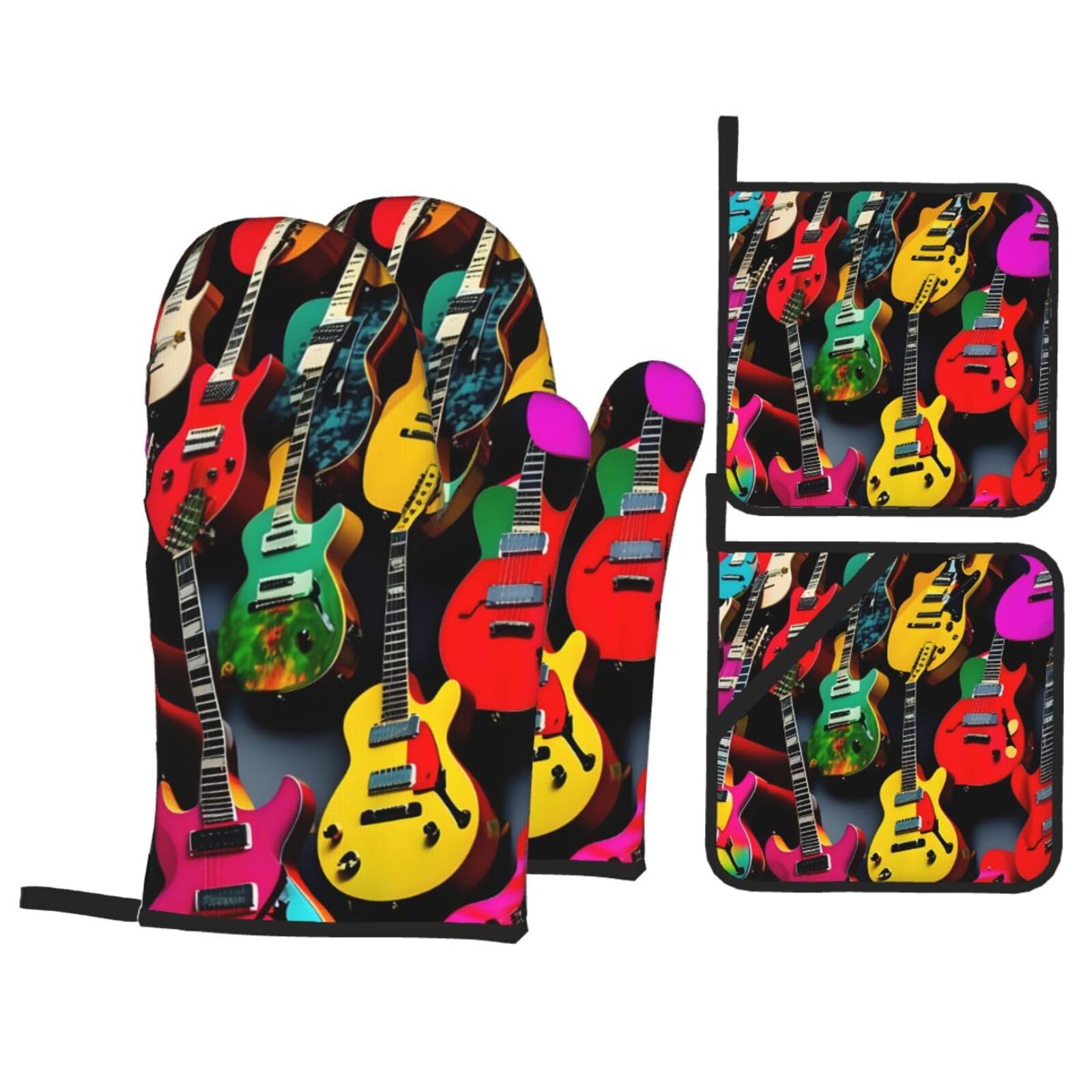 Colorful Guitar Print 4-Piece Oven Microwaving Set Kitchen Gloves for Holiday Cooking Baking Grilling